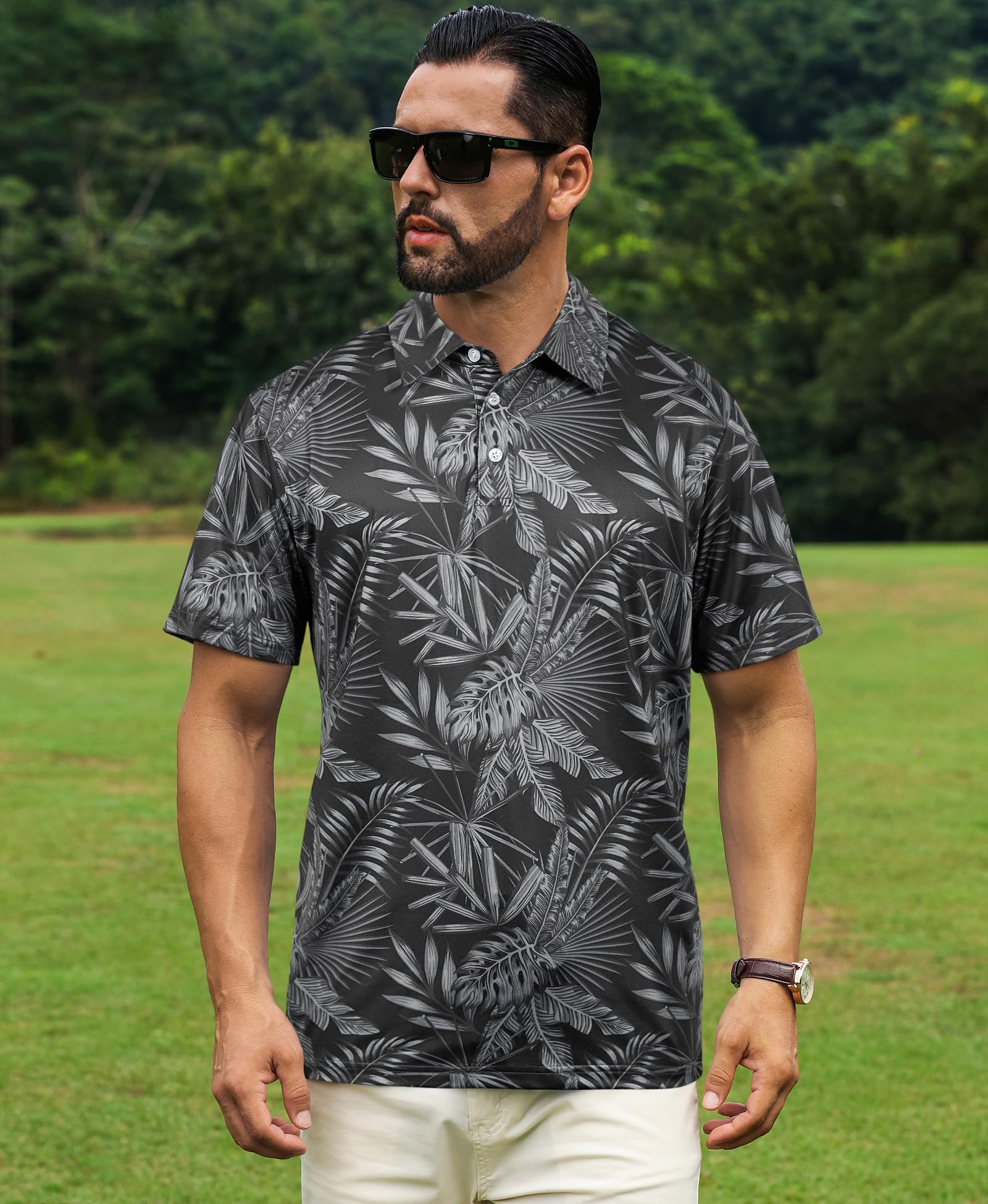 ELETOP Camisa de lino y algodón para hombre, manga corta, ajustada, informal, con botones, floral, para hombre