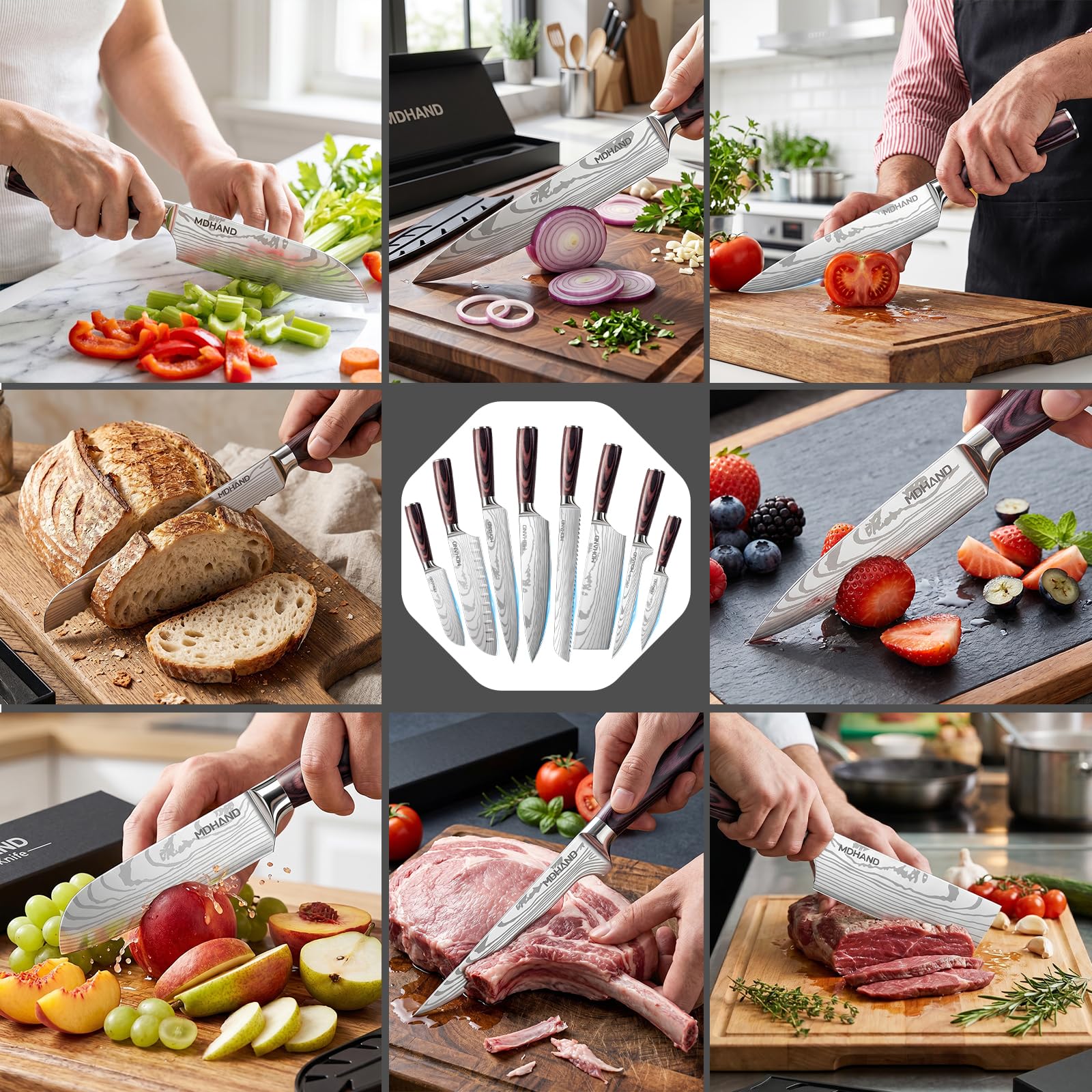 MDHAND Juego de Cuchillos de Cocina, Cuchillos Cocina Profesional de 8 piezas con Bolsa de Rollo,Juego de Cuchillos de Cocina profesionales de acero inoxidable de alto carbono extremadamente afilados