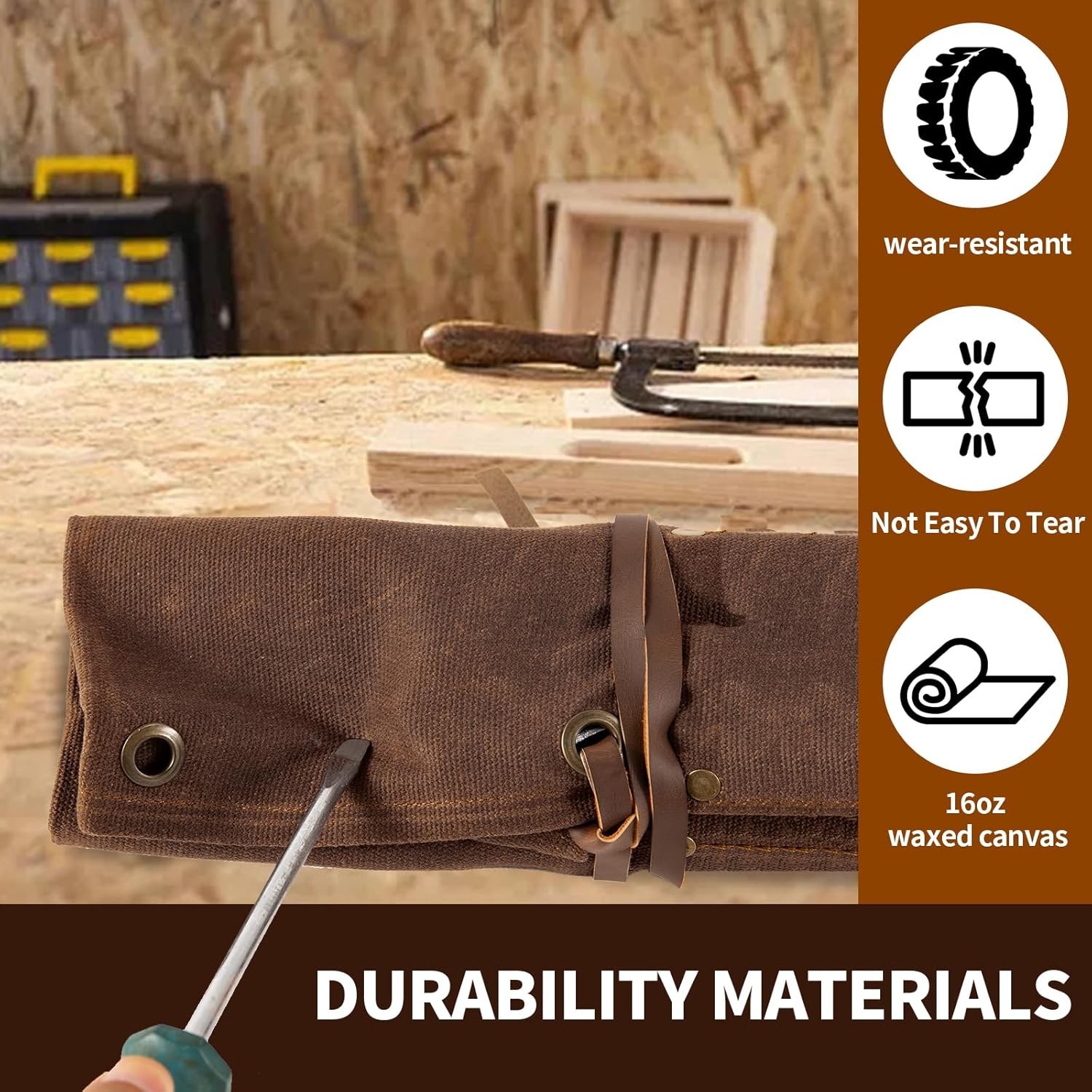 Chisel Roll,6 Pockets Roll Up Tool Pouch,Waxed Canvas Small Tool Roll Organizer and Wrench Roll Up Pouch,Store Chisel,Wrench,Pliers,Carving Knife (Brown)