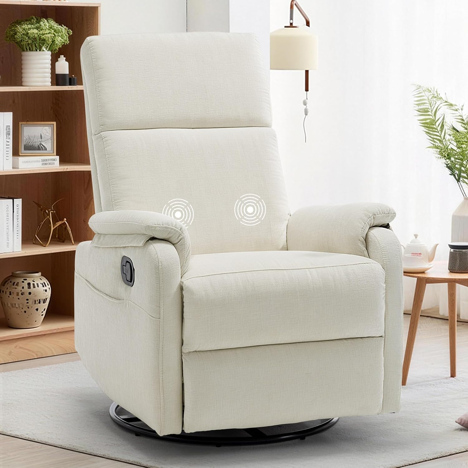 Swivel Rocking Recliner with Massage, Small Glider Chair for Nursery, Modern-Designed Armrests Chair for Adults Living Room, Chenille, Beige
