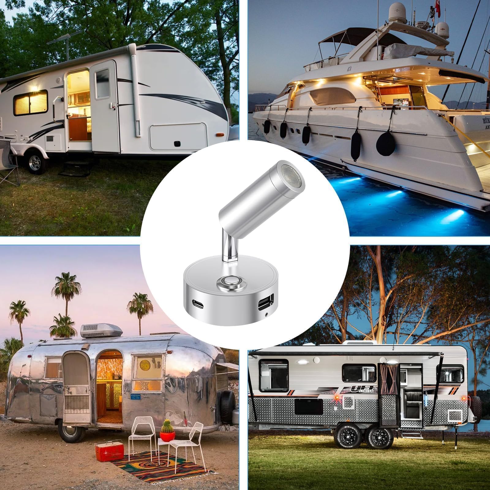 ERWEY 2 pezzi LED lampada da lettura 12V camper touch dimmerabile 3 modalità di temperatura di colore con funzione di ricarica USB A + C connettori, illuminazione interna per barca Van Yacht, argento