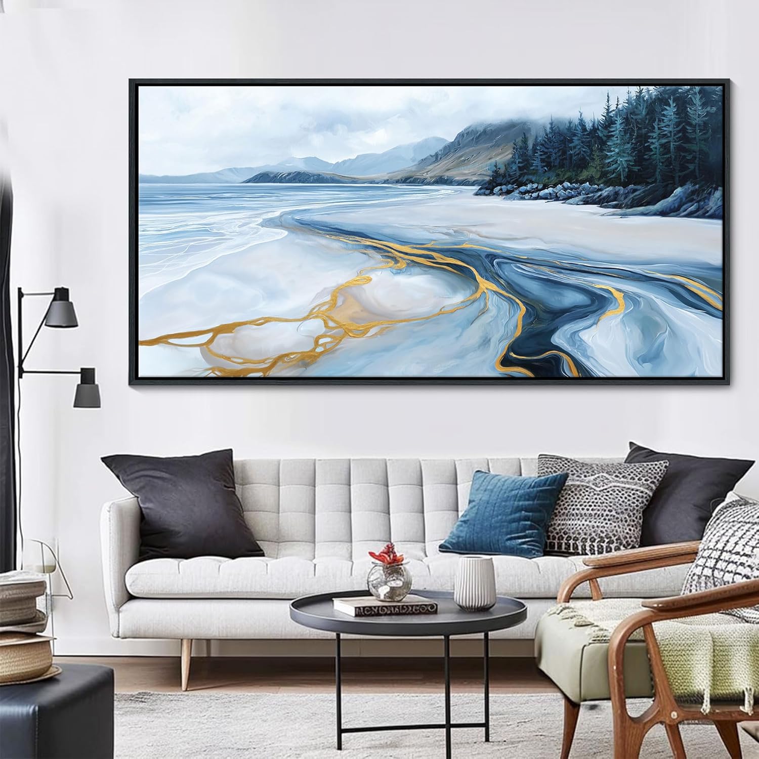 Blue and Gold Abstract Wall Art - Ocean Beach Pictures for Living Room Coastal Bedroom Paintings for Wall Decor Framed Landscape Artwork for Walls large Modern Decoration 24×48IN