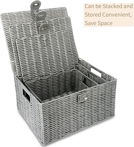 Miniatura 7 de Honygebia Canastas con tapa de mimbre gris, organizador decorativo de almacenamiento con cerradura y asa (juego de 3)