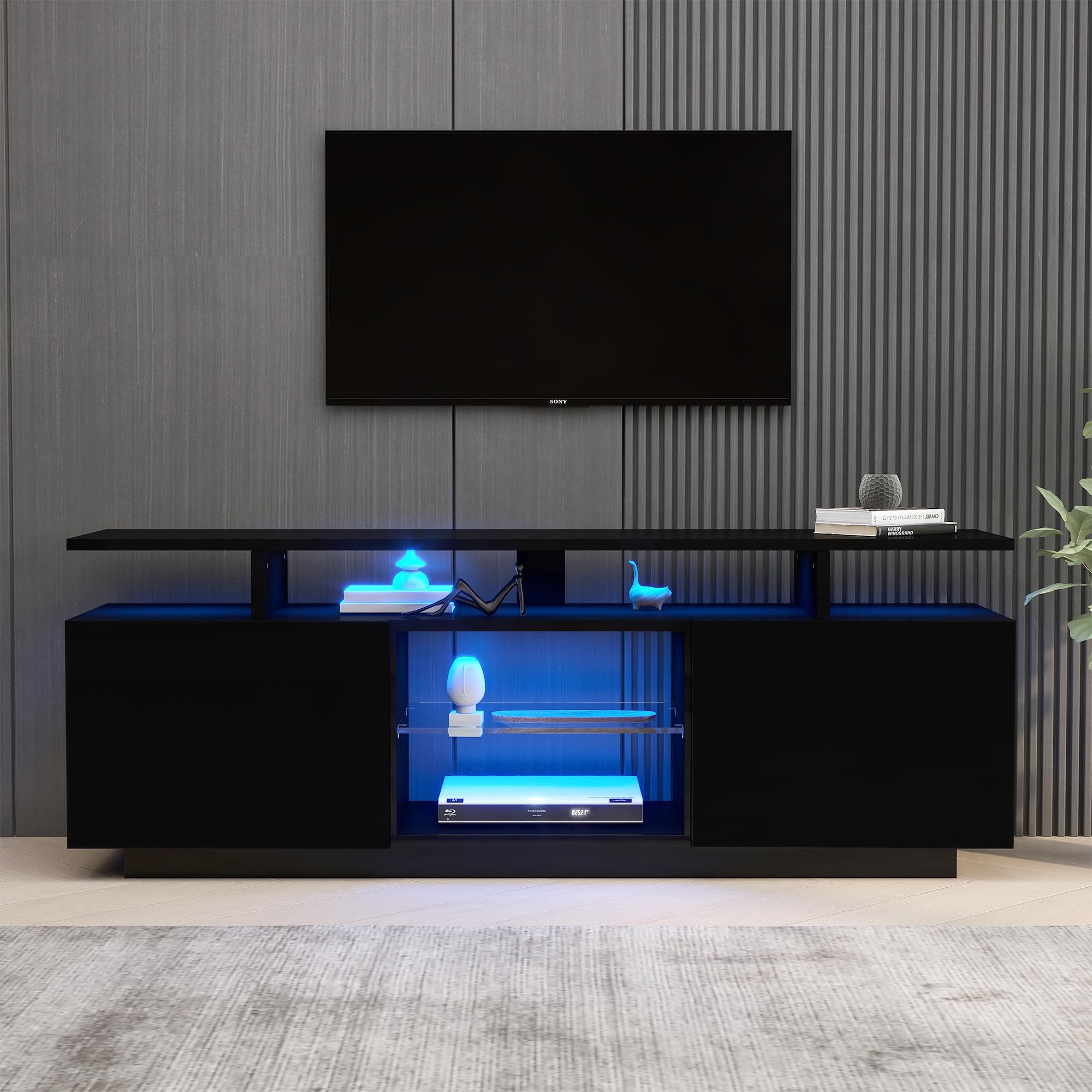 BTM schwarzer TV-Schrank mit 16-Farben-LED-Beleuchtung, 1,4 m Länge – stilvoller Aufbewahrungsschrank für 60-Zoll-Fernseher, Lichtleiste, Hochglanz-Türpaneel mit Glasfach,TV Board