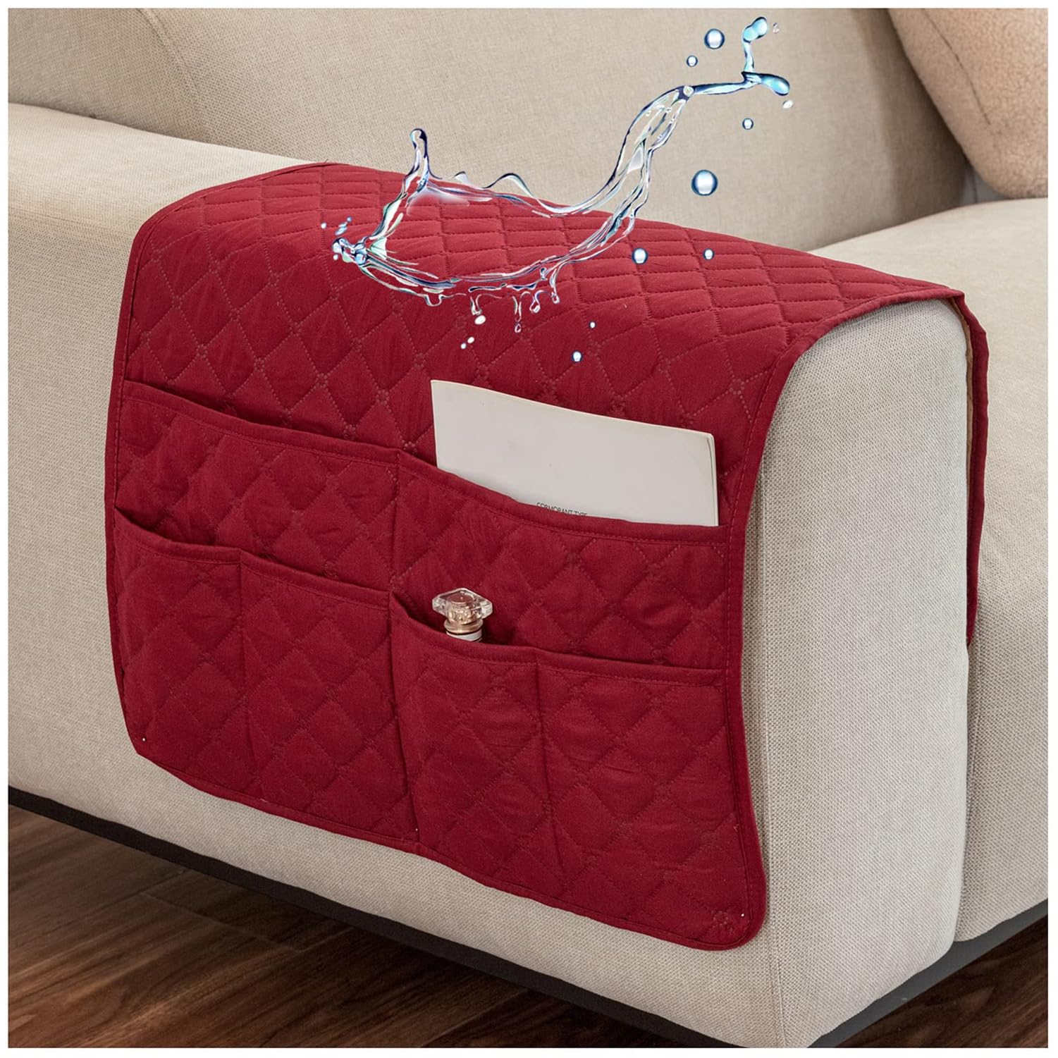 Twinice Wine Red Waterproof And Non-Slip Sofa Armrest Organiser With 6 Pockets Bedside Organiser For Tablet, Phone, Tv Remote, Tablet, Book (Red Wine)
