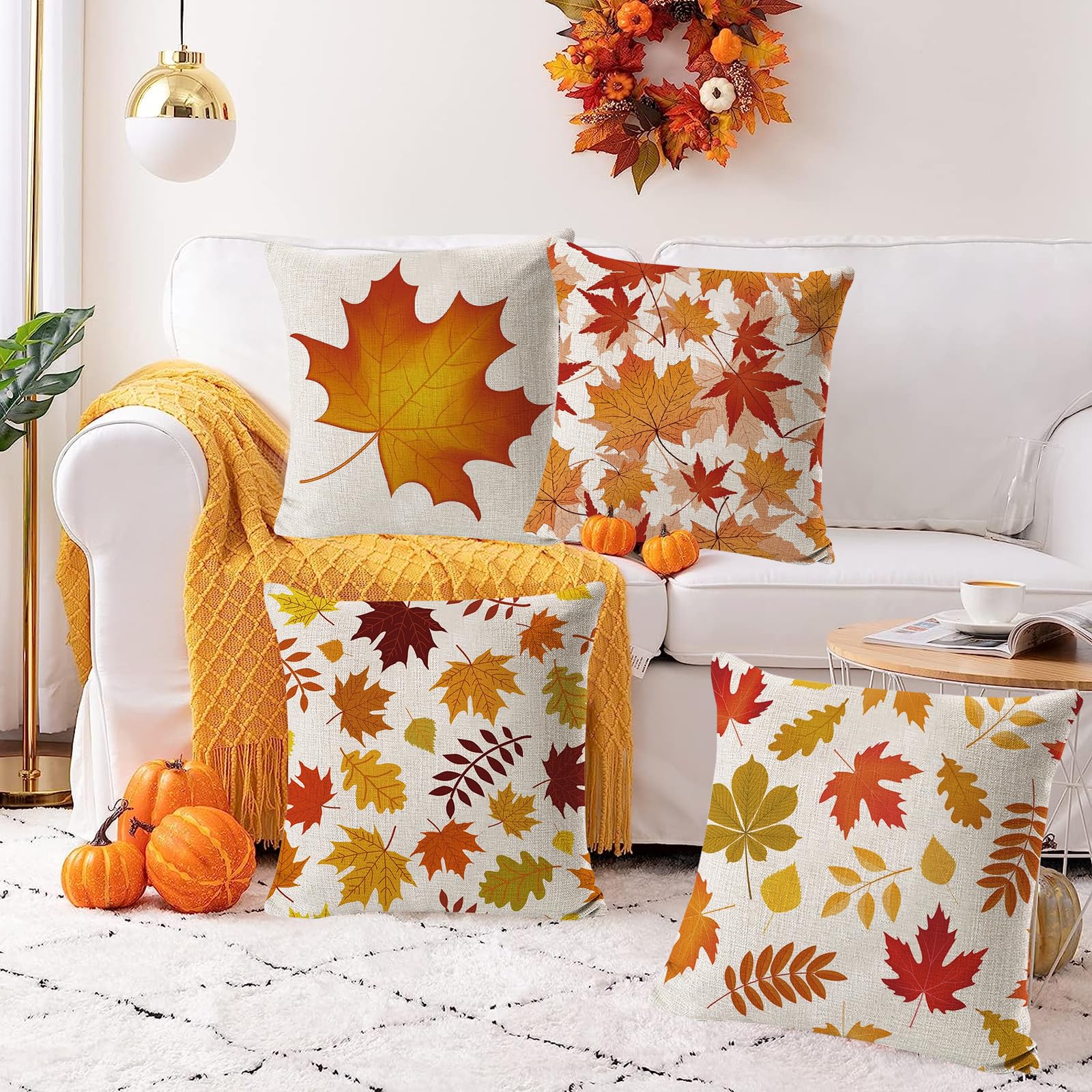 Housses De Coussin Automne Citrouille Feuilles 40x40 Cm - Lot De 2, Polyester, Déco Salon Chambre