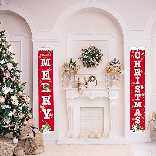 Miniatura 5 de Decoraciones navideñas de 13 x 70 pulgadas para puerta al aire libre, juego de letreros de porche delantero de Feliz Navidad, pancartas de