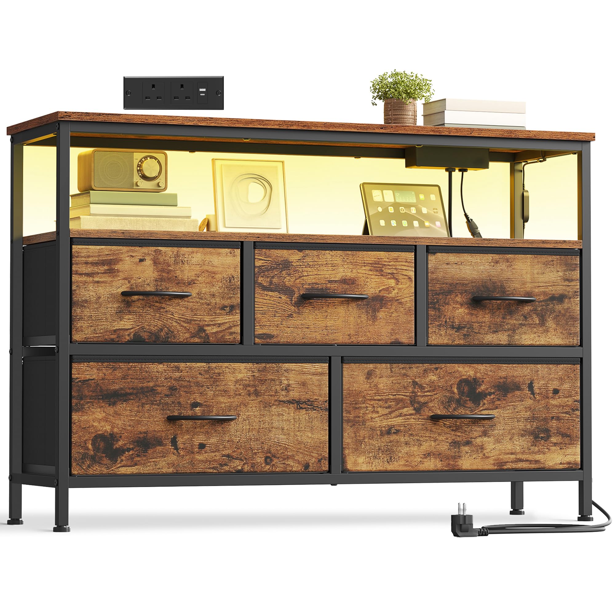 SONGMICS Chest of Drawers with LED Lights and Charging Station, Fabric Storage Cabinet, 5 Drawers, Open Shelf, 98.7 x 30 x 68.1 cm, Rustic Brown and Ink Black BELLAH Collection LGS723KD03