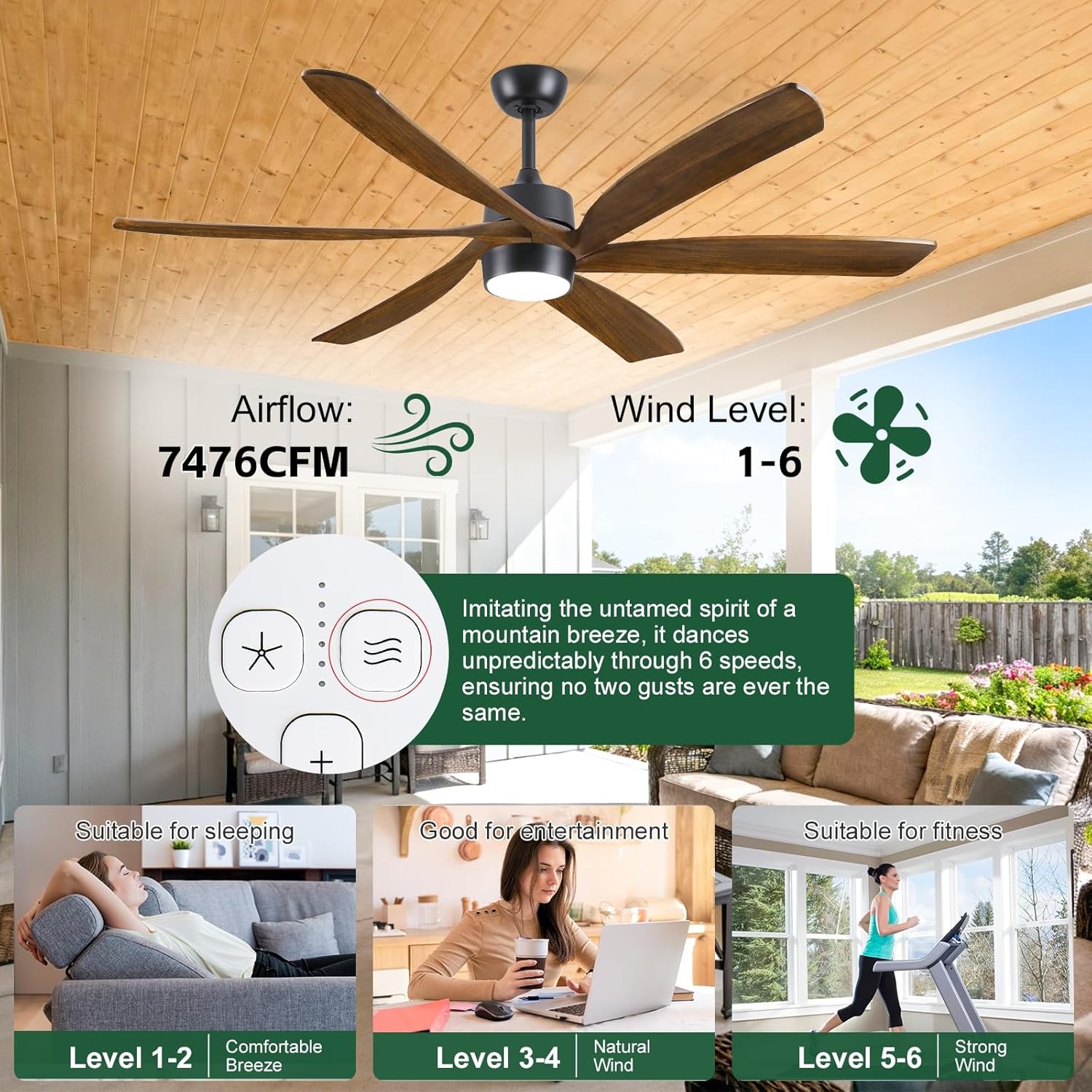 72in Rustic Ceiling Fan With Light & Remote, High CFM Quiet Reversible DC Fan, Smart App/Voice/Remote, Energy Efficient Fans, 6 Solid Wood Blades, Dimmable LED for Living Room, Bedroom, Porch, Garage