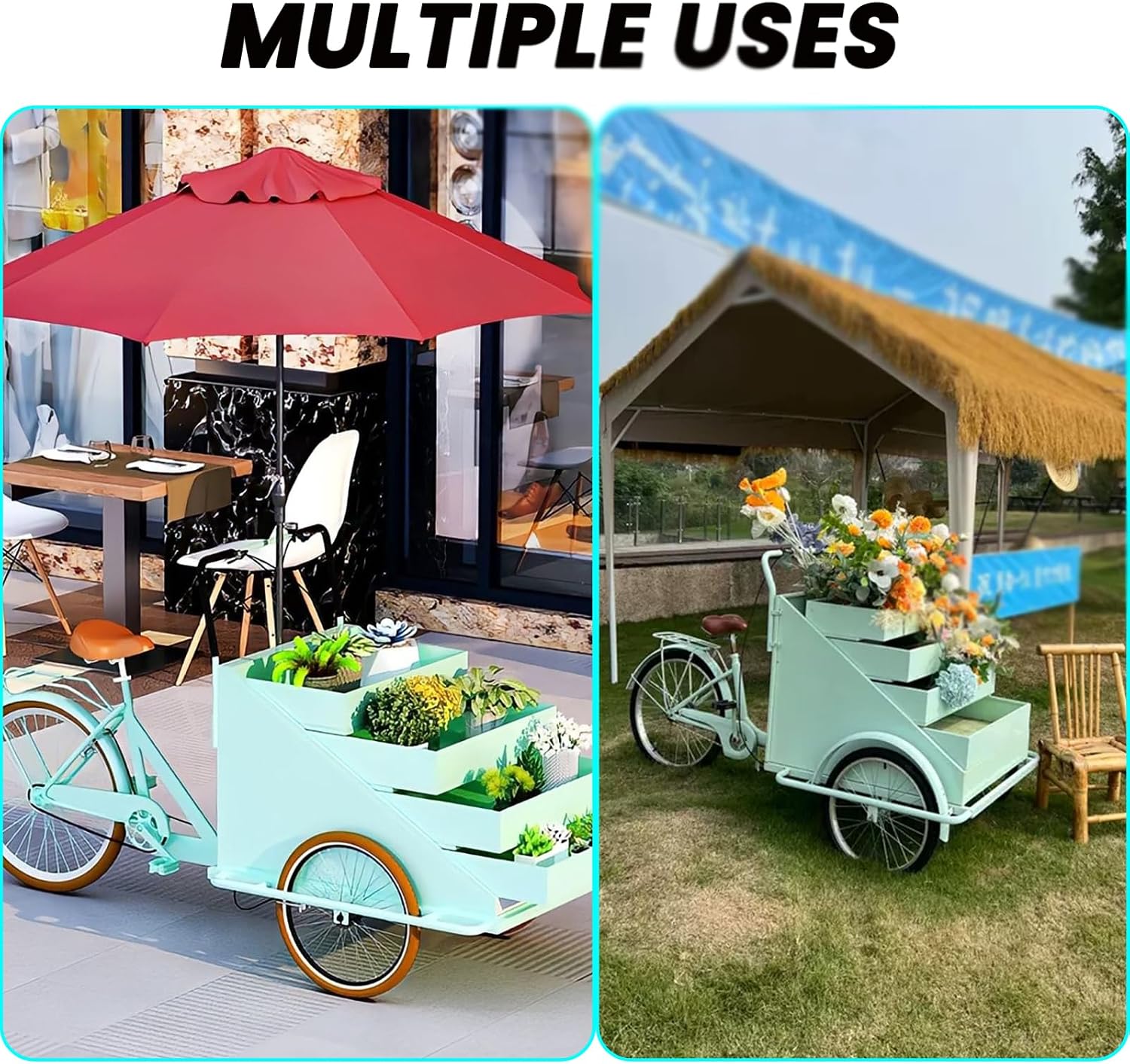 Mobile Outdoor Tricycle Food Truck, Outdoor Food Vending Cart and Float Cart Vending Tricycle with Retractable Drawers and Parasols, for Street Vending Camping,E