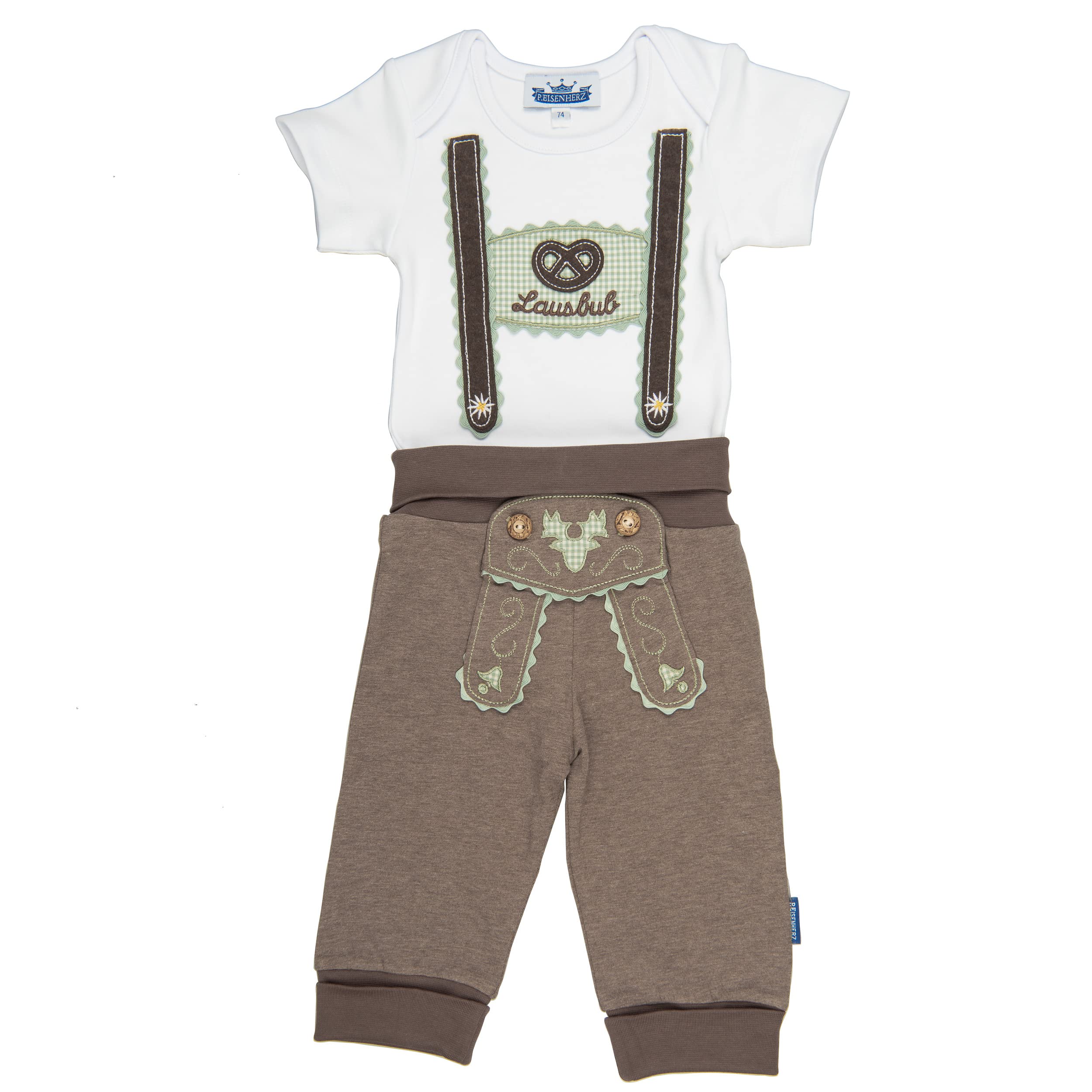 Trachten Set für Lausbuben im Geschenkkarton: Baby Body mit kurzem Arm und Applikation Hosenträger und Baby Jogginghose Lederhosen Look, braun/grün