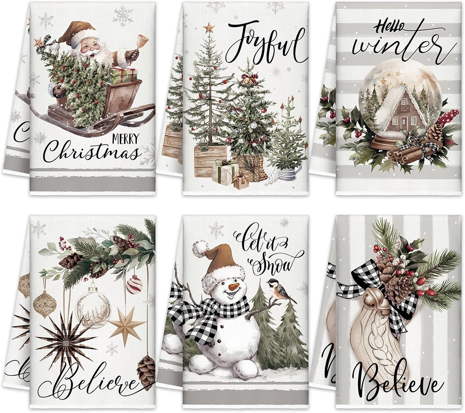 6 Pcs Christmas Kitchen Towels Winter Dish Towel 21 x 14 Inch Decorative Neutral Bathroom Hand Towel Absorbent Holiday Tea Towel Gray White Christmas Decor for Kitchen Farmhouse Gift