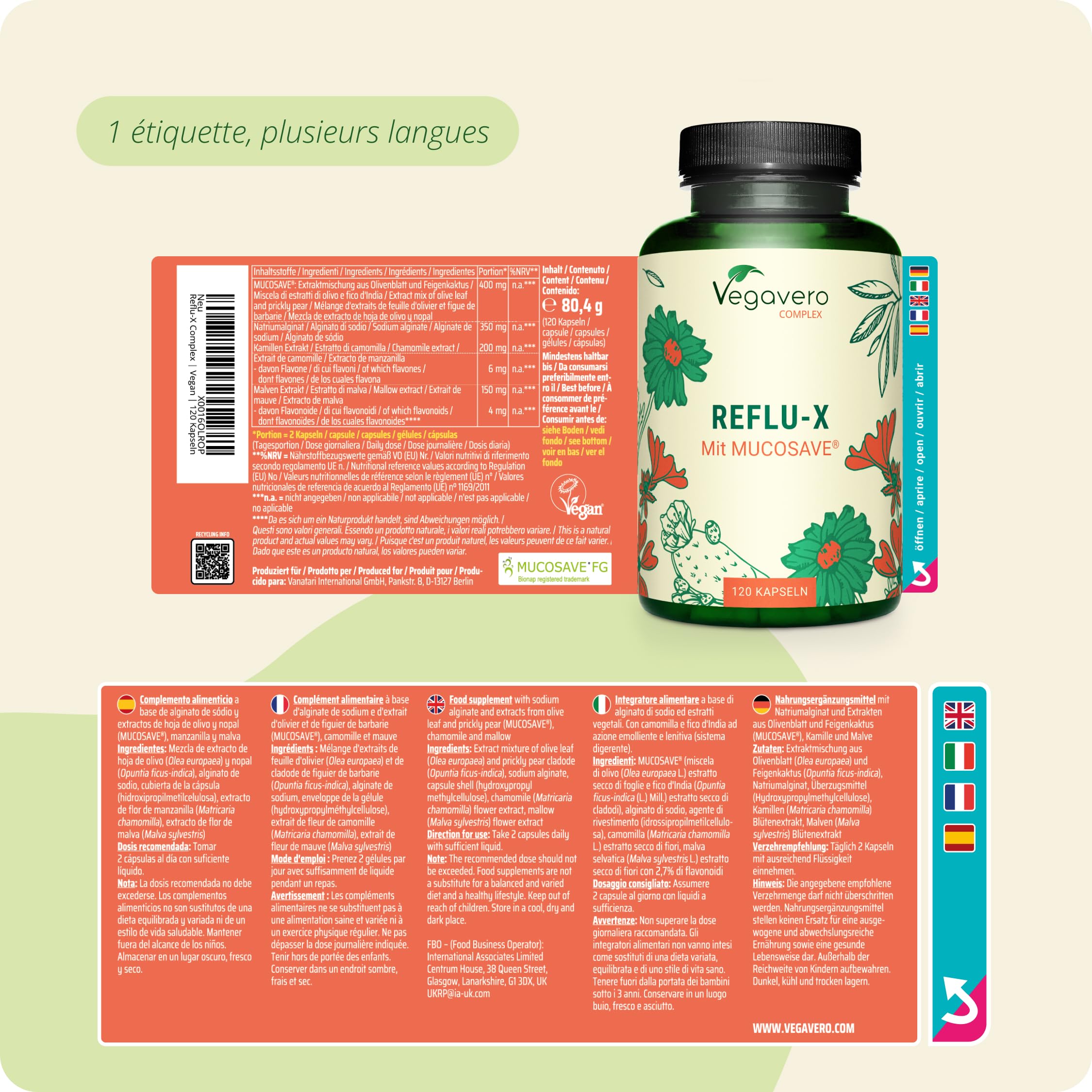 Reflux Gastrique Complex Vegavero® | 100% NATUREL | 120 Gélules | Avec Extraits de Plantes : Figue de Barbarie + Feuilles d’Olivier + Camomille + Mauve | Brûlures d'Estomac | Sans Additifs | VEGAN
