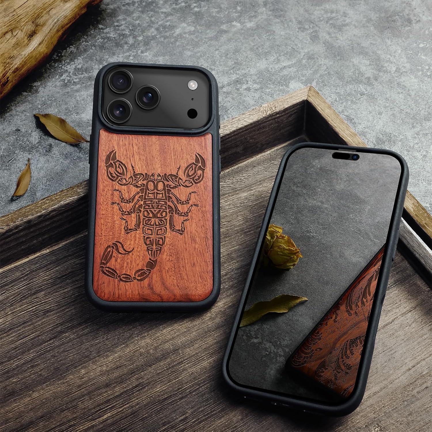 Carveit Magnetic Wooden Case for iPhone 17 Pro Case, Wood Artisan Engraved & Black Soft TPU Shockproof Cover, Compatible with MagSafe Wireless Chargers (Tribal Scorpion) Rosy