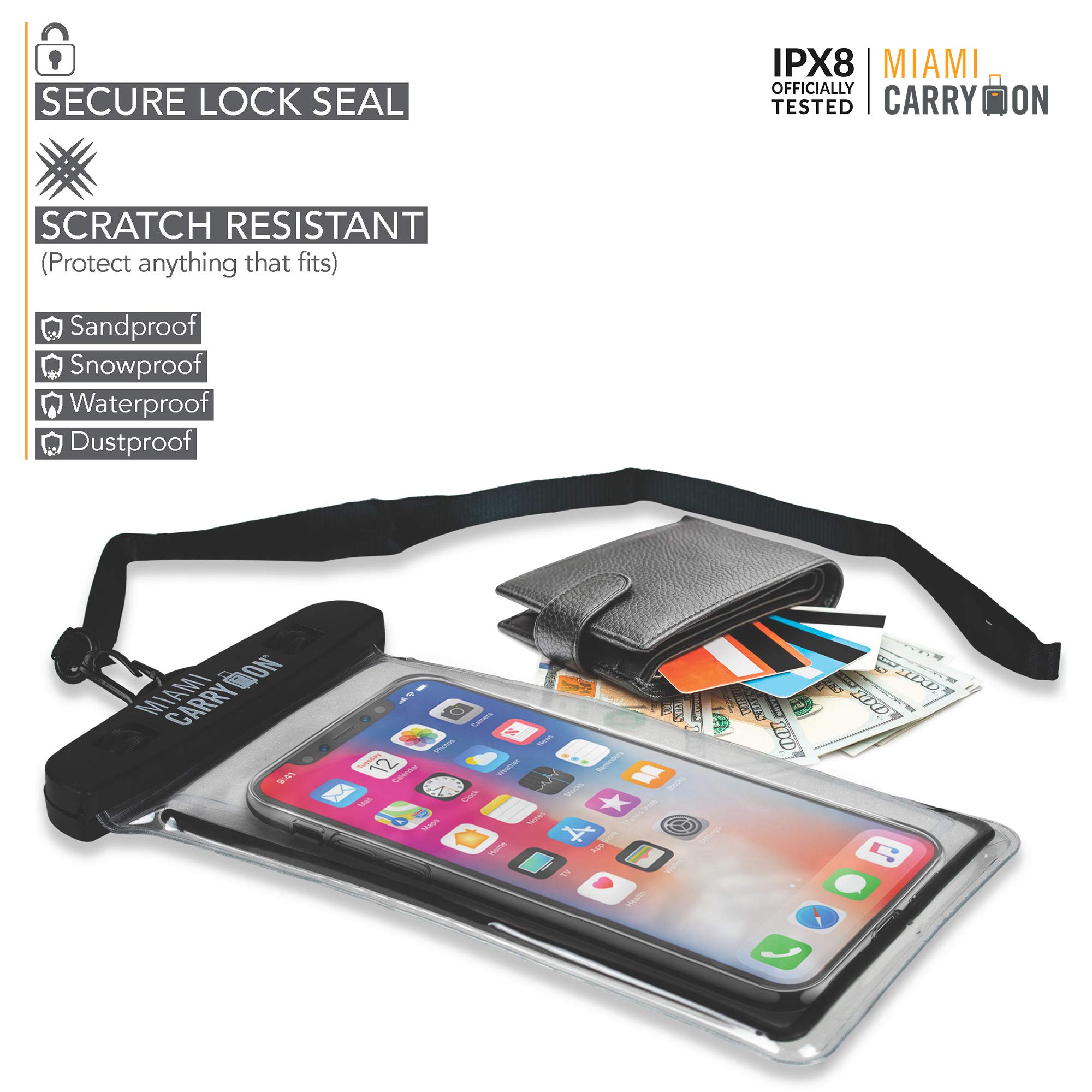 Miami CarryOn Universal Waterproof Case, IPX8 Cellphone Dry Bag Pouch for Apple iPhone Xs, XR, 8, 7, Samsung Galaxy S10, S9, S8, Note 9 HTC LG Sony Nokia Motorola up to 6.0