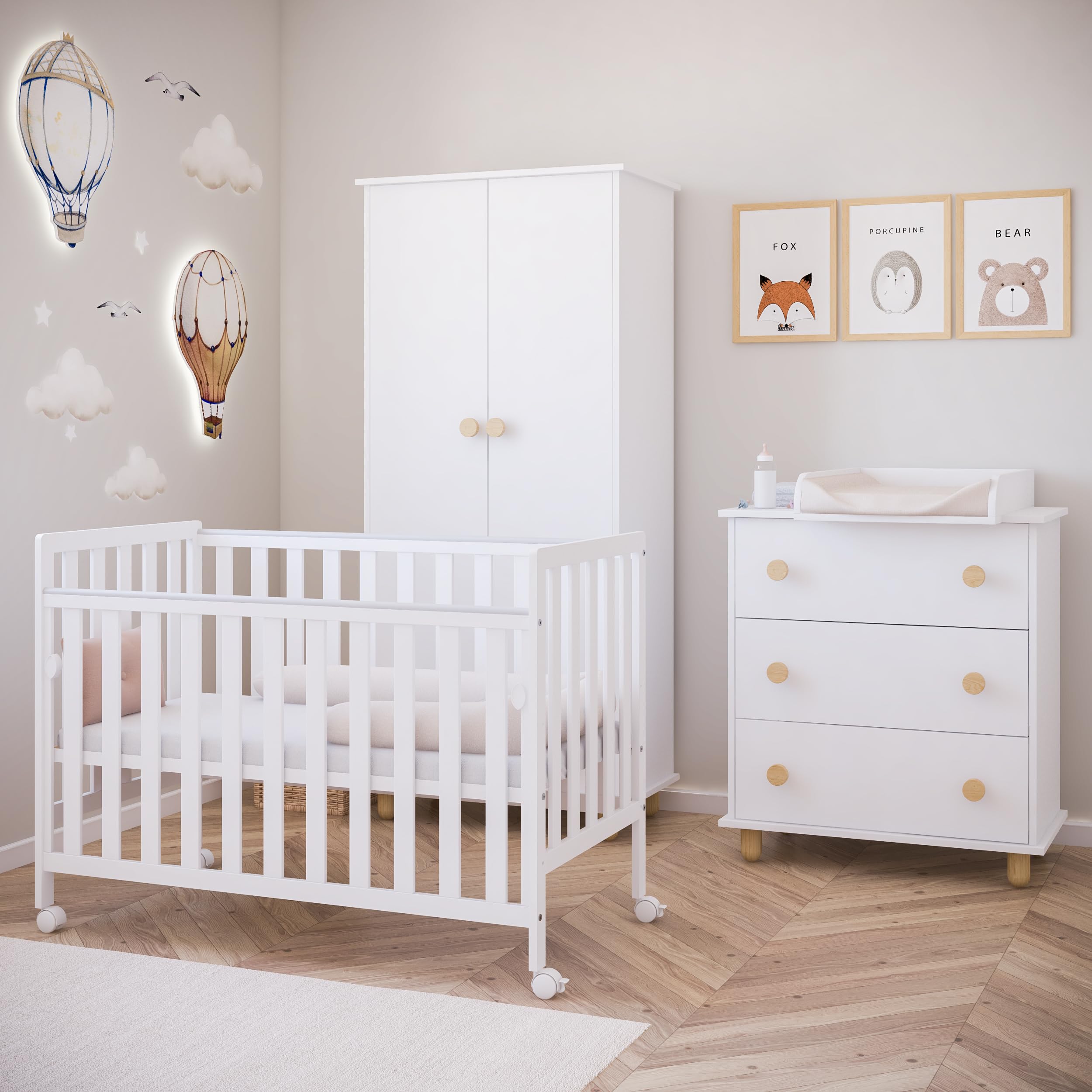 zee Bambi Cuna Colecho Bebe 120x60 cm Blanca con Ruedas Lateral Abatible Somier Regulable 3 Alturas Cuna Portatil Bebe