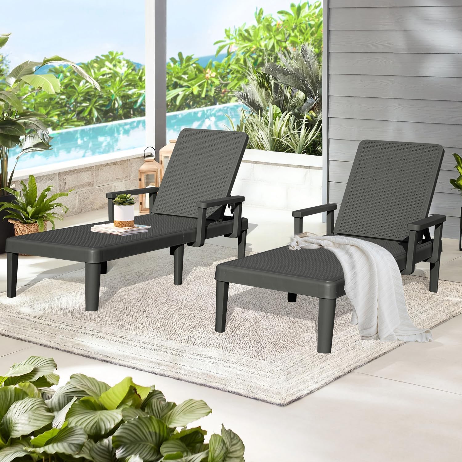 Generisch Domi Sonnenliege, 2er-Set – Gartenliegen mit 6-Fach Verstellbarer Rückenlehne und Armlehnen, wasserfeste Kunstharz-Liegen, geeignet für Pool, Terrasse, Garten und Balkon, Grau