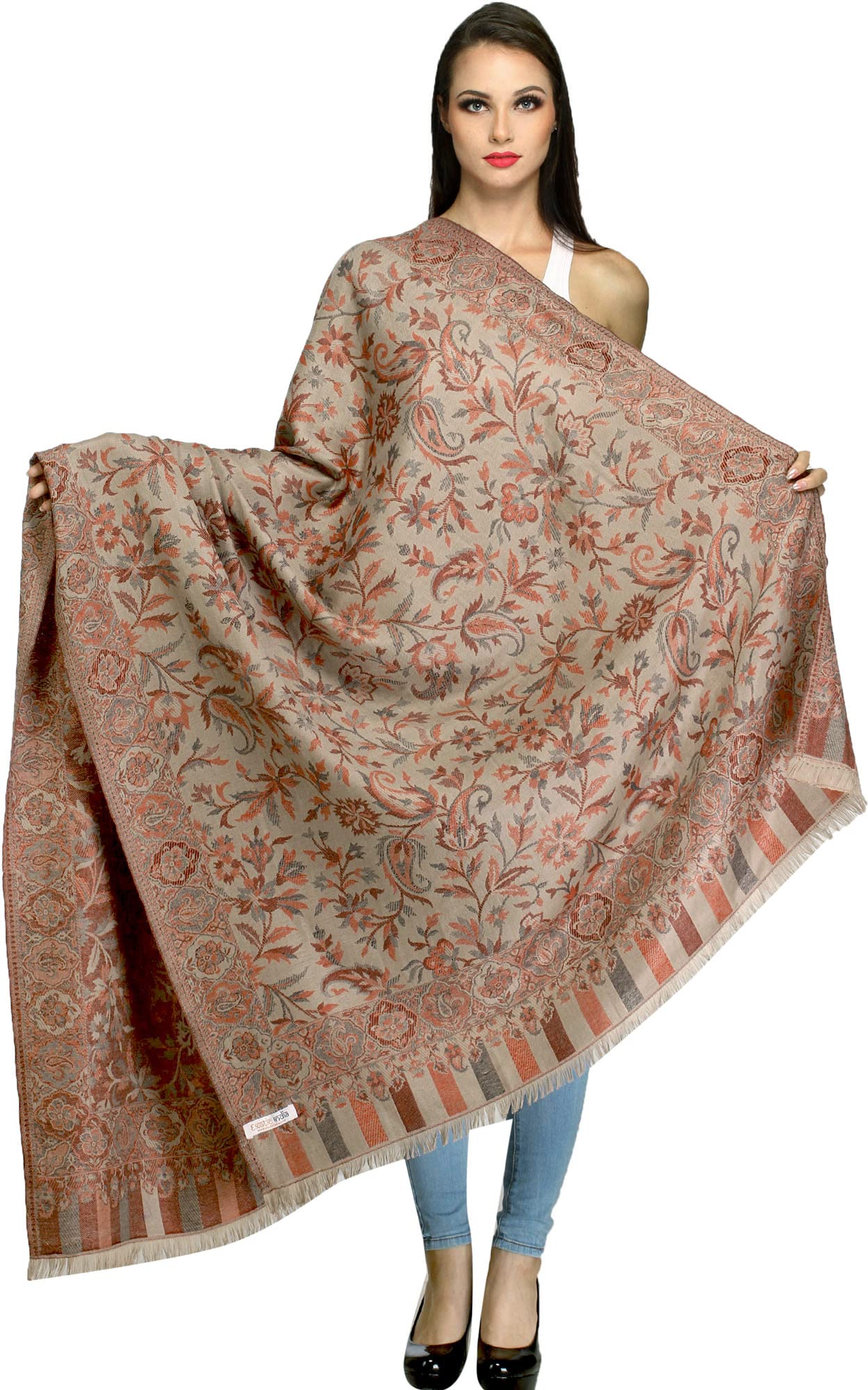 Exotic India Women Reversible Jamawar Wool Shawl with Woven Flowers | Ethnic Beautiful Floral Weave Stole, Dupatta