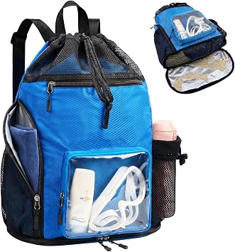 Mesh Beach Backpack Sandproof Waterproof Drawstring Backpack with Tumbler Side Pockets Swim Bag for Pool GymBlue