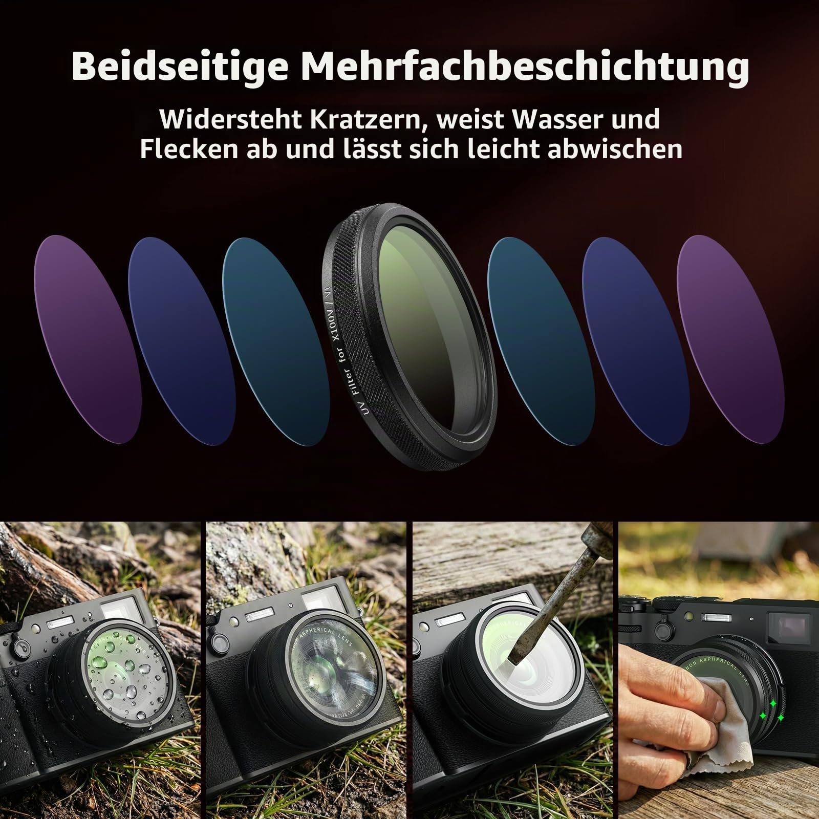 SMALLRIG UV-Filter für FUJIFILM X100VI / X100V, 99% Lichtdurchlässigkeit, optische Glaslinse, wasserdicht und Kratzfest, Leichter Aluminiumrahmen, Objektivschutzfilter, Reinigungstuch (Schwarz)-5852