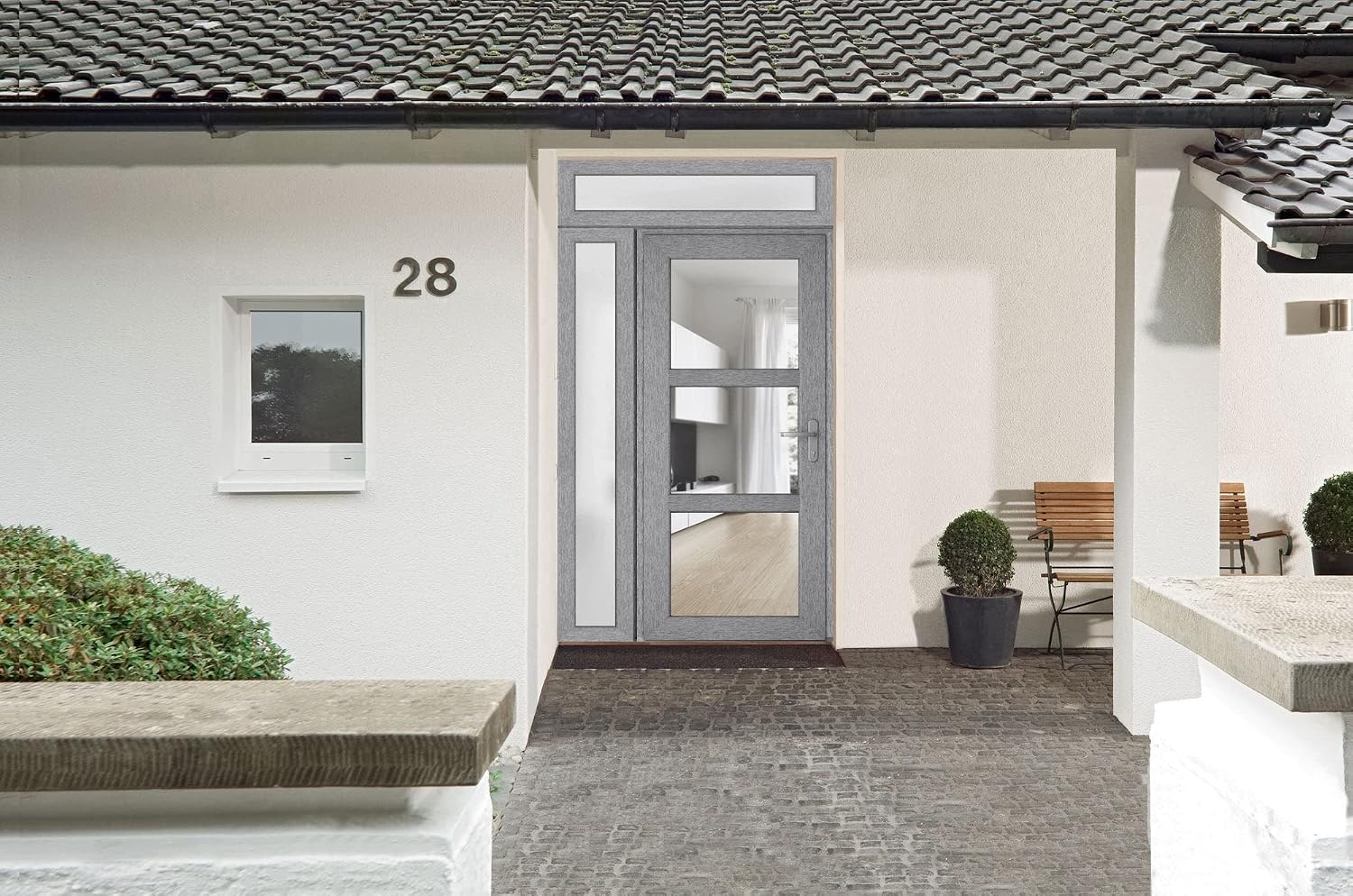 Front Exterior Prehung Metal-Plastic Door See-Through/Manux 8555 Grey Ash/Side and Top Window/Office Commercial and Residential Doors Entrance Patio Garage 48" x 96" Left-Hand Inswing