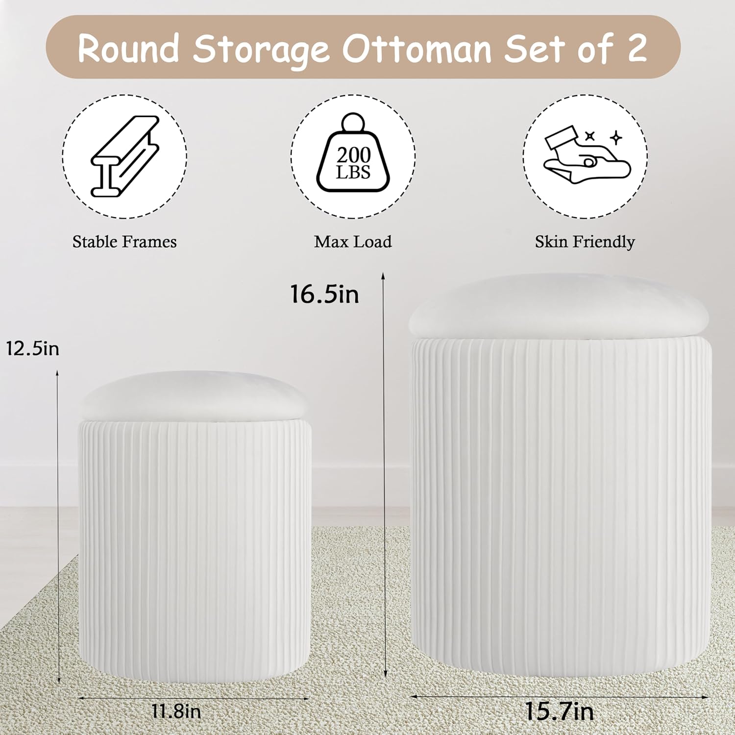 Set of 2 Round Storage Ottoman, Multifunctional Storage Ottoman with Lid and Soft Corduroy Padding, Footrest for Living Room and Bedroom, Vanity Stool for Makeup