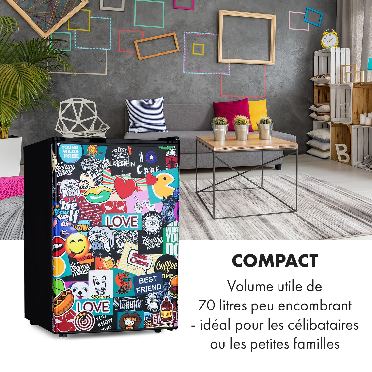 KLARSTEIN Cool Vibe - réfrigérateur, classe d'efficacité énergétique E, porte avec sticker imprimé BD, compartiment congélateur, bac à glaçons, niveau sonore: 42dB, 70L - noir