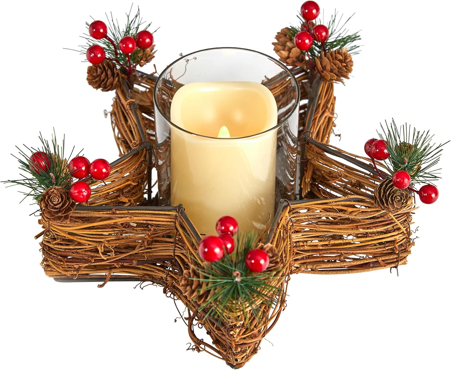 Nearly Natural Holiday Star Twig Candle Holder with LED Candle Table Artificial Christmas Arrangement