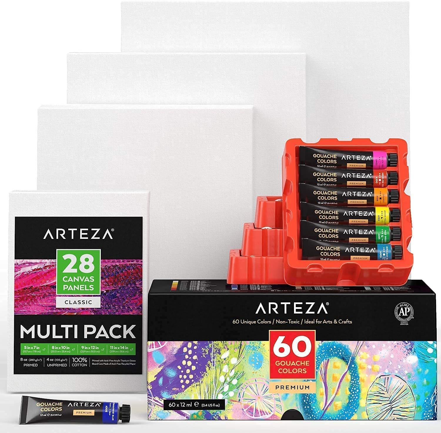 ARTEZA Gouache Colors and Canvas Panels multipack Bundle, Painting Art Supplies for Artist, Hobby Painters & Beginners
