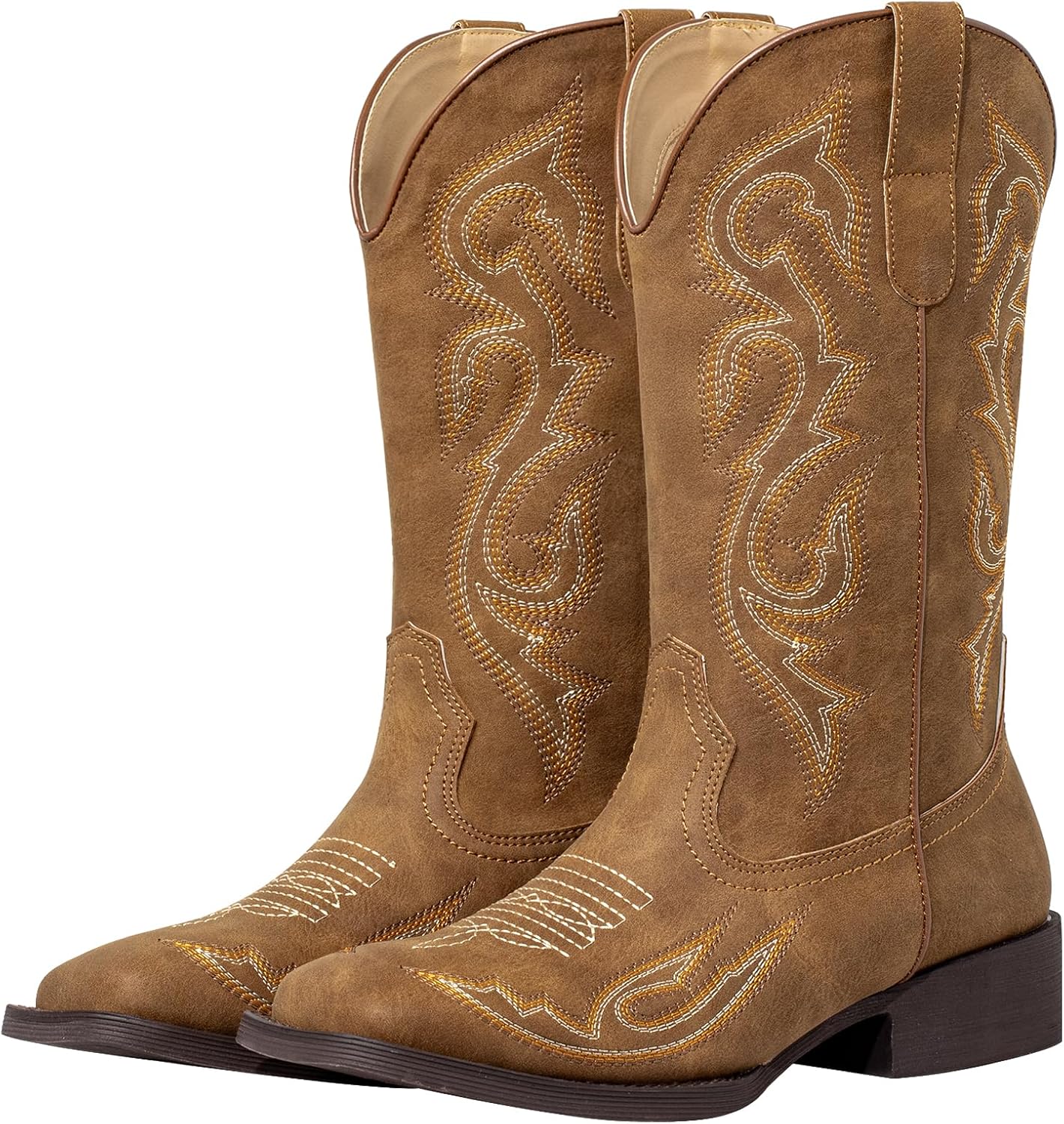 SheSole Women's Square Toe Cowboy Boots Mid Calf Wide Calf Pull On Western Embroidered Boot