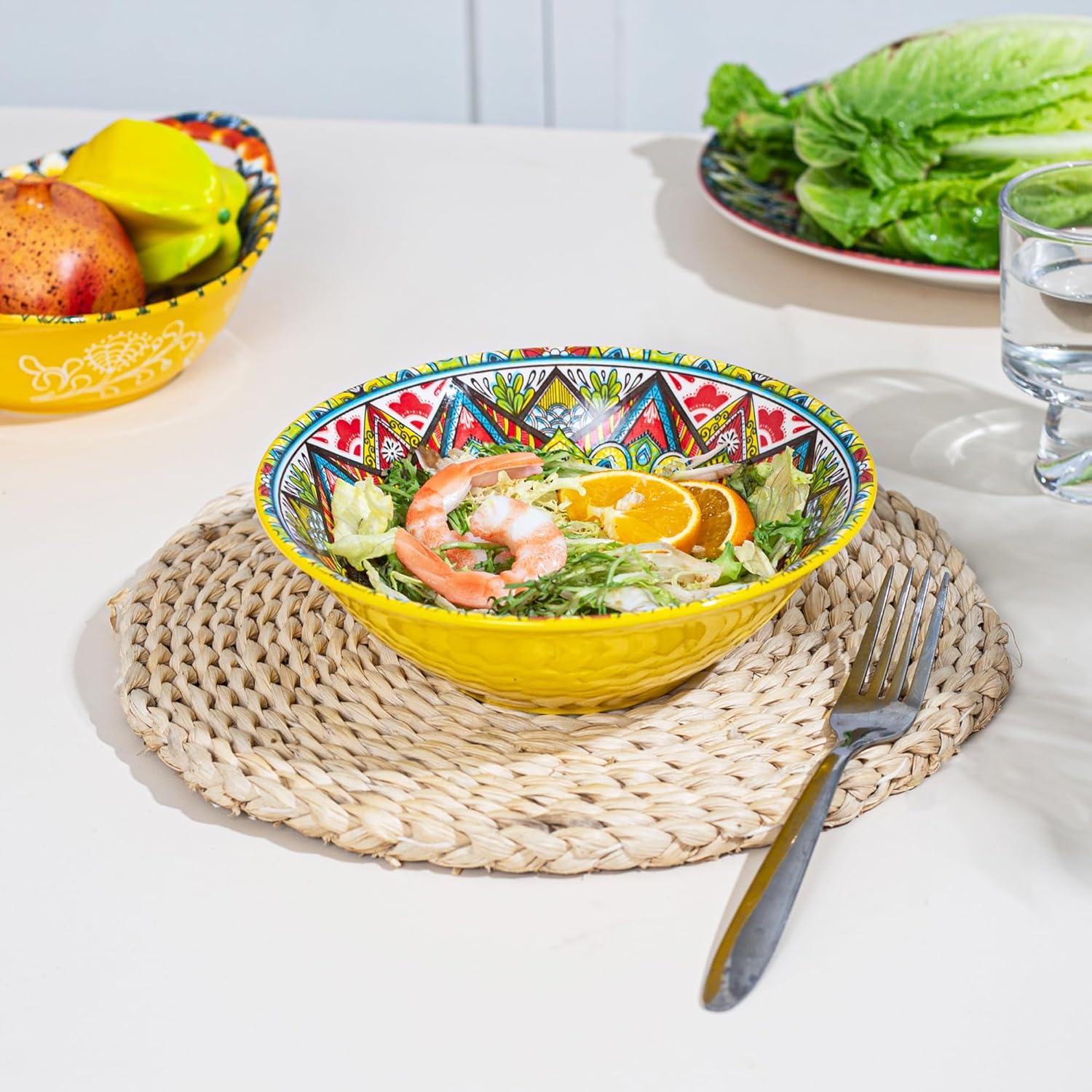 Henten Home Porcelain Soup Bowl Set of 6, Colorful 30 oz Ramen Bowls Set, Ceramic Bohemian Serving Bowl for Noodle, Cereal, Salad, Microwave & Dishwasher Safe