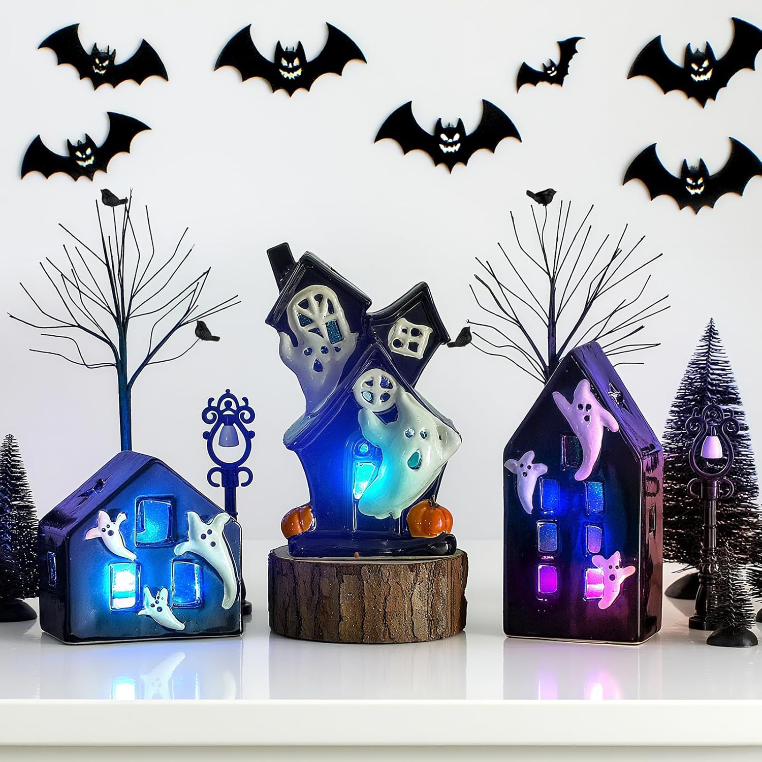 15 Pcs Lighted Ceramic Halloween Village Accessories Set Spooky Houses Miniatures Include 3 LED Ceramic Halloween Haunted Houses 2 Birch Tree 8 Pine Tree and 2 Streetlamps Tabletop Ornament for Table