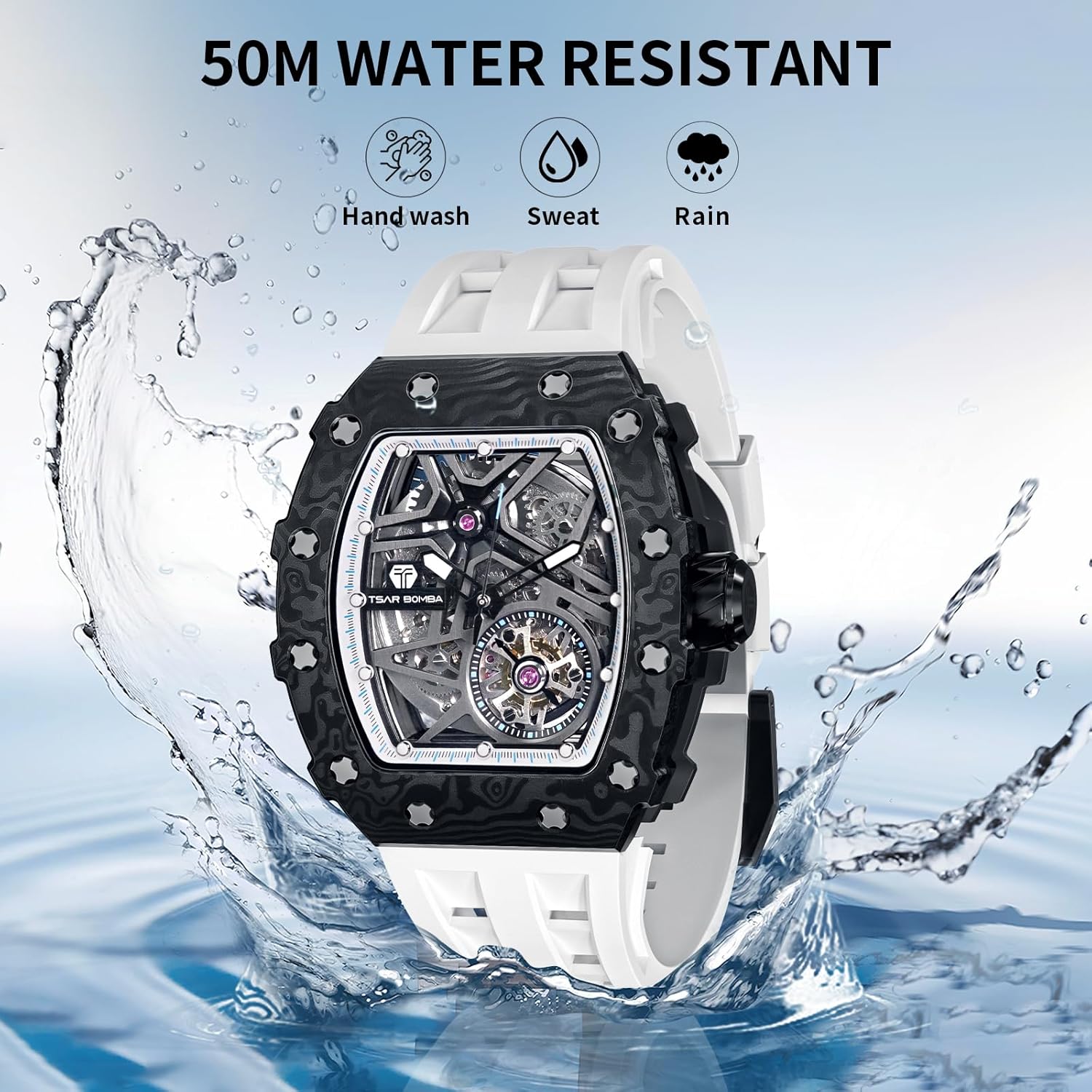 TSAR BOMBA Men's Automatic Watch Mechanical Tonneau Luxury Skeleton Watches for Men 50M Waterproof Analogue Work Mens Wrist Watch Unique Cool Design Square Silver Big Face Wristwatch Silicone Strap
