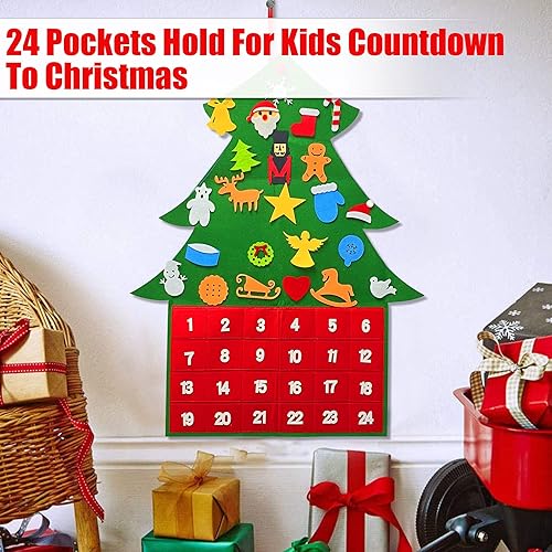 Miniatura 6 de Diymood Calendario de Adviento de tela para árbol de Navidad, árbol de Navidad de fieltro con 30 piezas para colgar en la pared, adornos