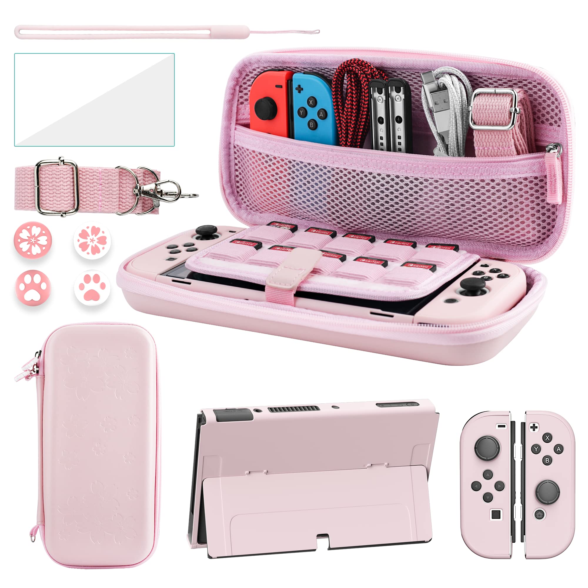 FANPL Custodia per Nintendo Switch OLED, custodia per interruttore OLED e controller Joy Con con custodia protettiva rigida e protezione schermo, 4 impugnature per pollice, tracolla (rosa)