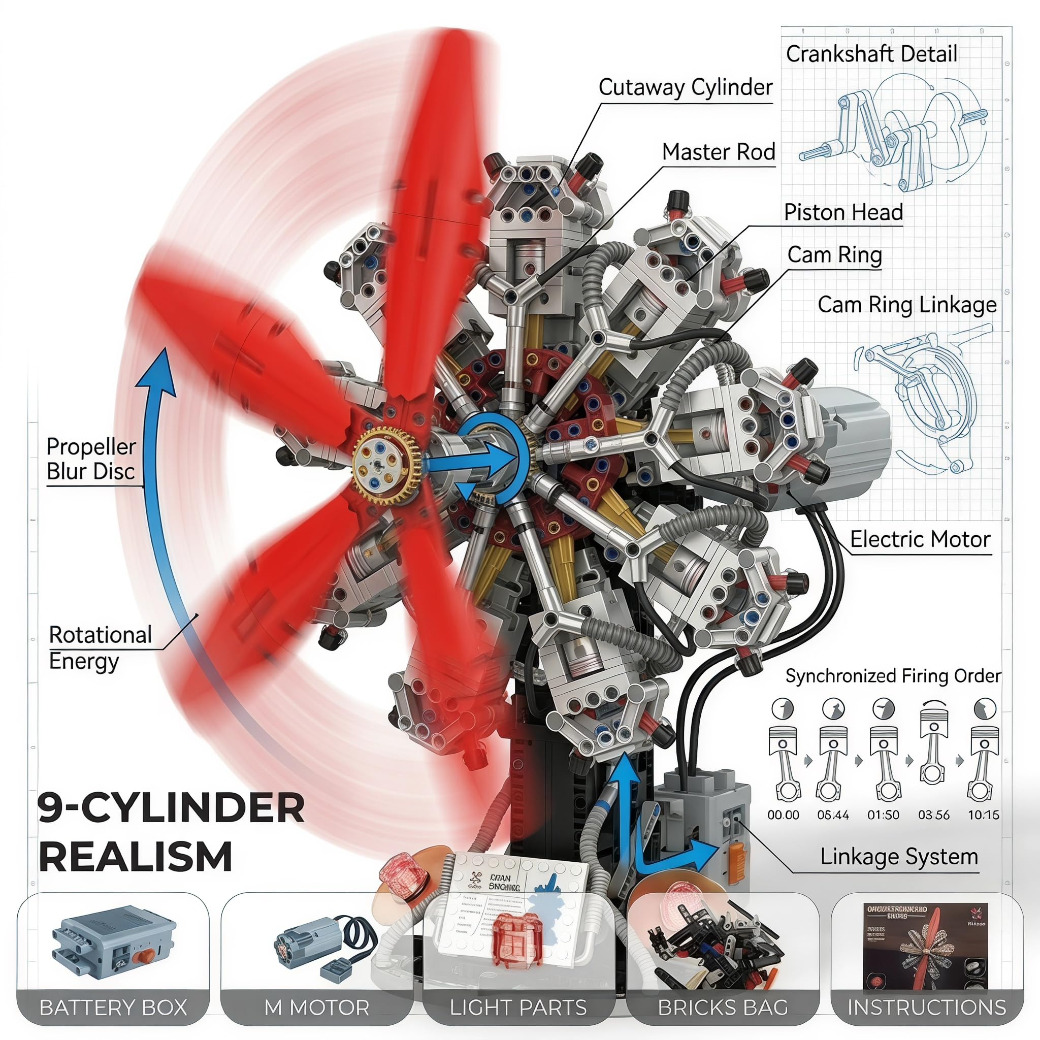 Maqueta Motor 9 Cilindros Radial 1100 Piezas – Hélice Eléctrica | Kit Motor Miniatura Adultos Stem Maquetas para Montar Idea Regalo Hombre