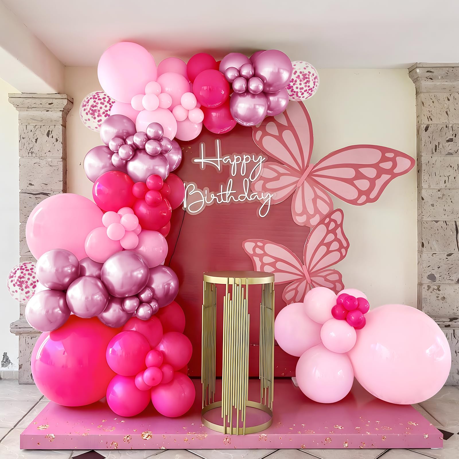 Lot De 8 Ballons Rose Fuchsia Vif Motifs "Bon Anniversaire