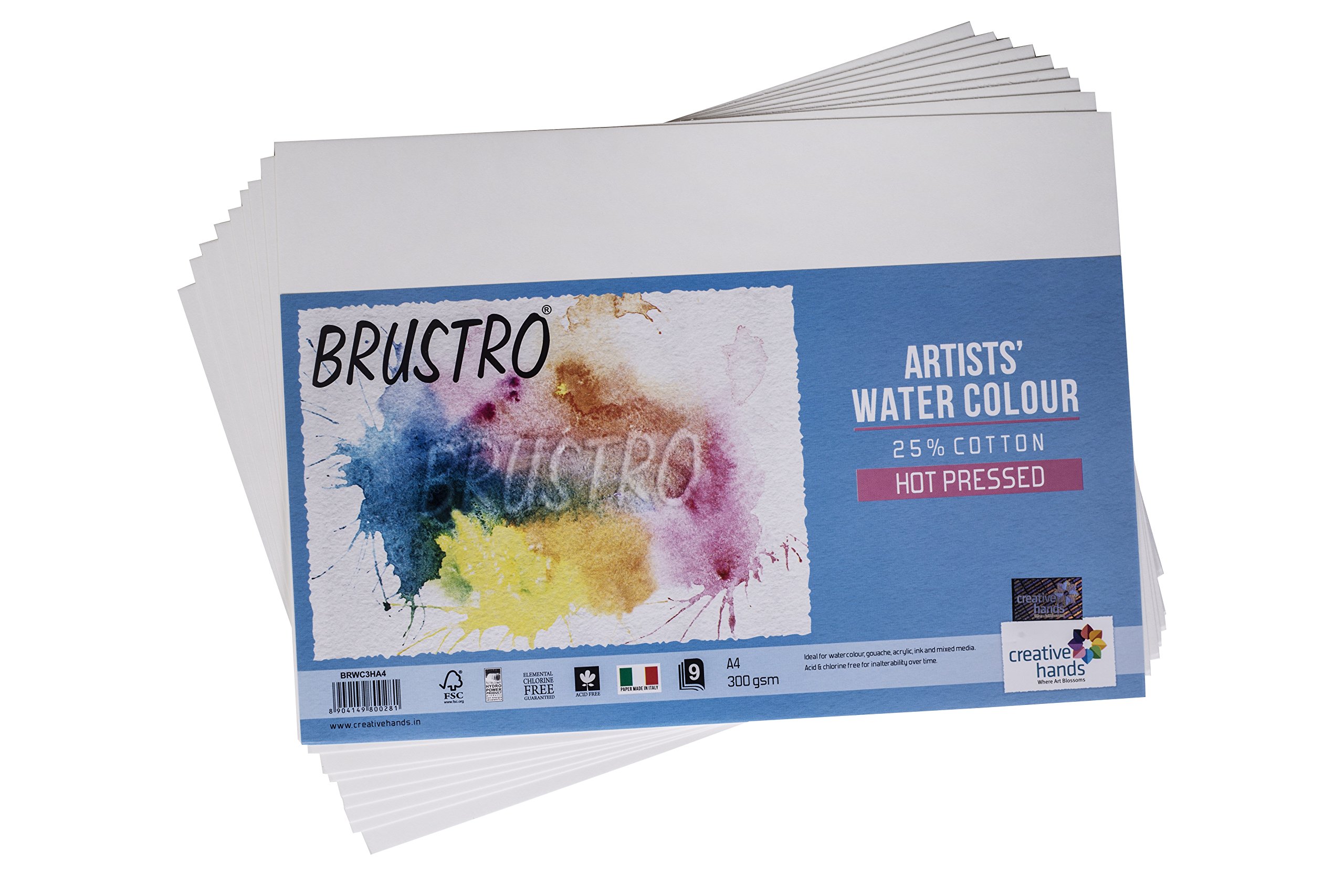 Brustro Aquarellpapier, 25 % Baumwolle, heißgepresst, 300 g/m², A4, 2 Packungen (jede Packung enthält 9 Blatt)
