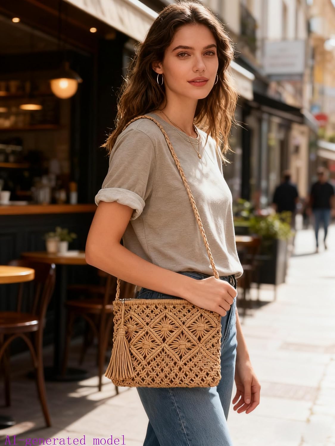 Boho Handwoven Crossbody Bag for Women - Crochet Straw Clutch Purse Beach Bag with Tassel for Vacation Casual & Travel