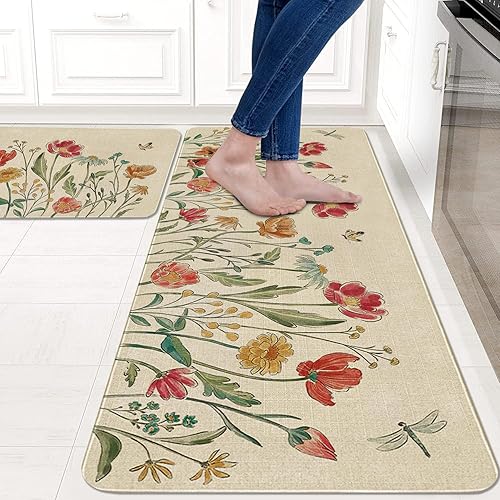 Miniatura 9 de Juego de 2 tapetes y tapetes de cocina con diseño floral de primavera, diseño floral de acuarela para piso, decoración de fregadero de cocina de