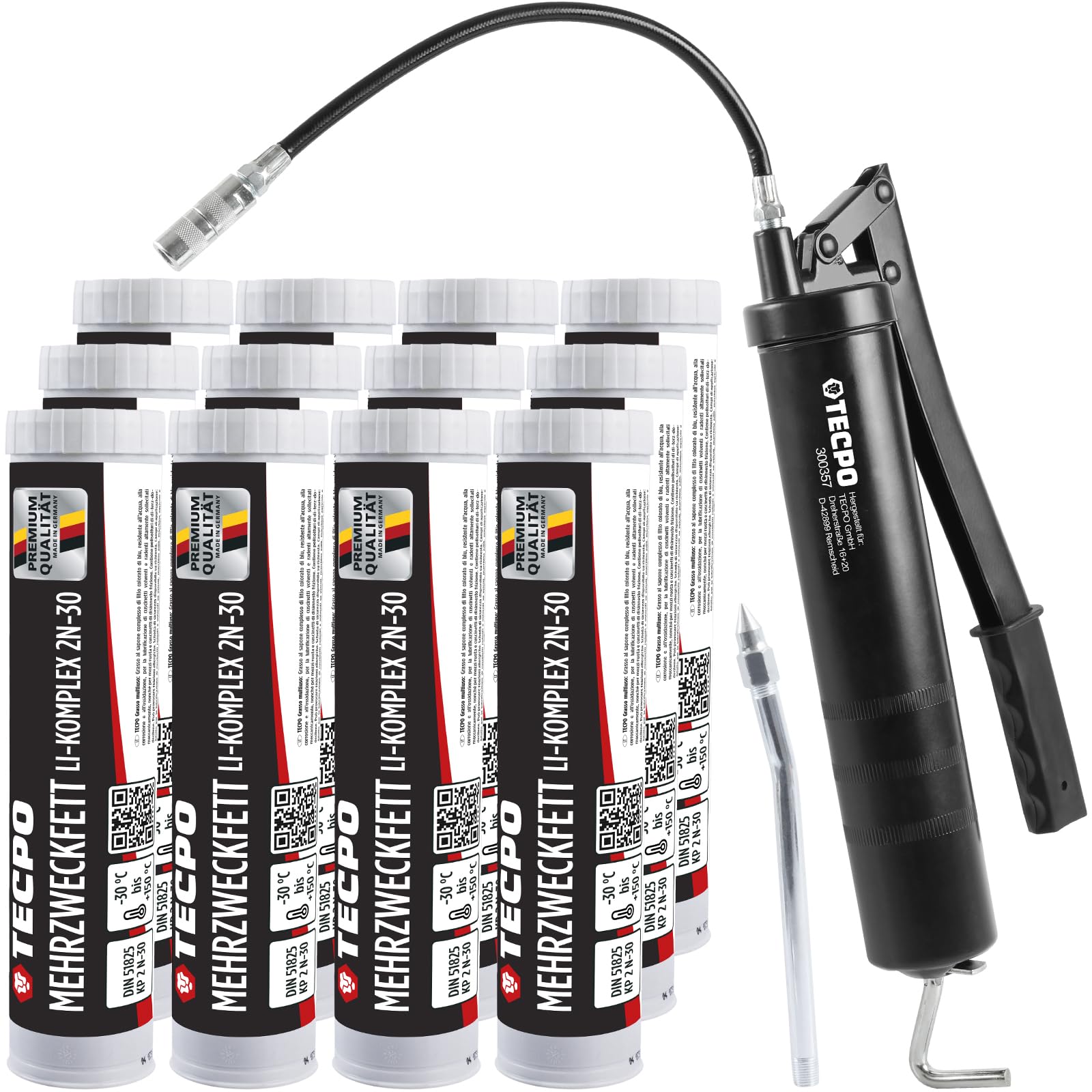 TECPO Grasa multiusos de alto rendimiento, complejo Li 2N-30, 12 x 400 g, con cartucho de prensa manual, grasa de larga duración, grasa para rodamientos, reduce la fricción y los golpes, con prensa de