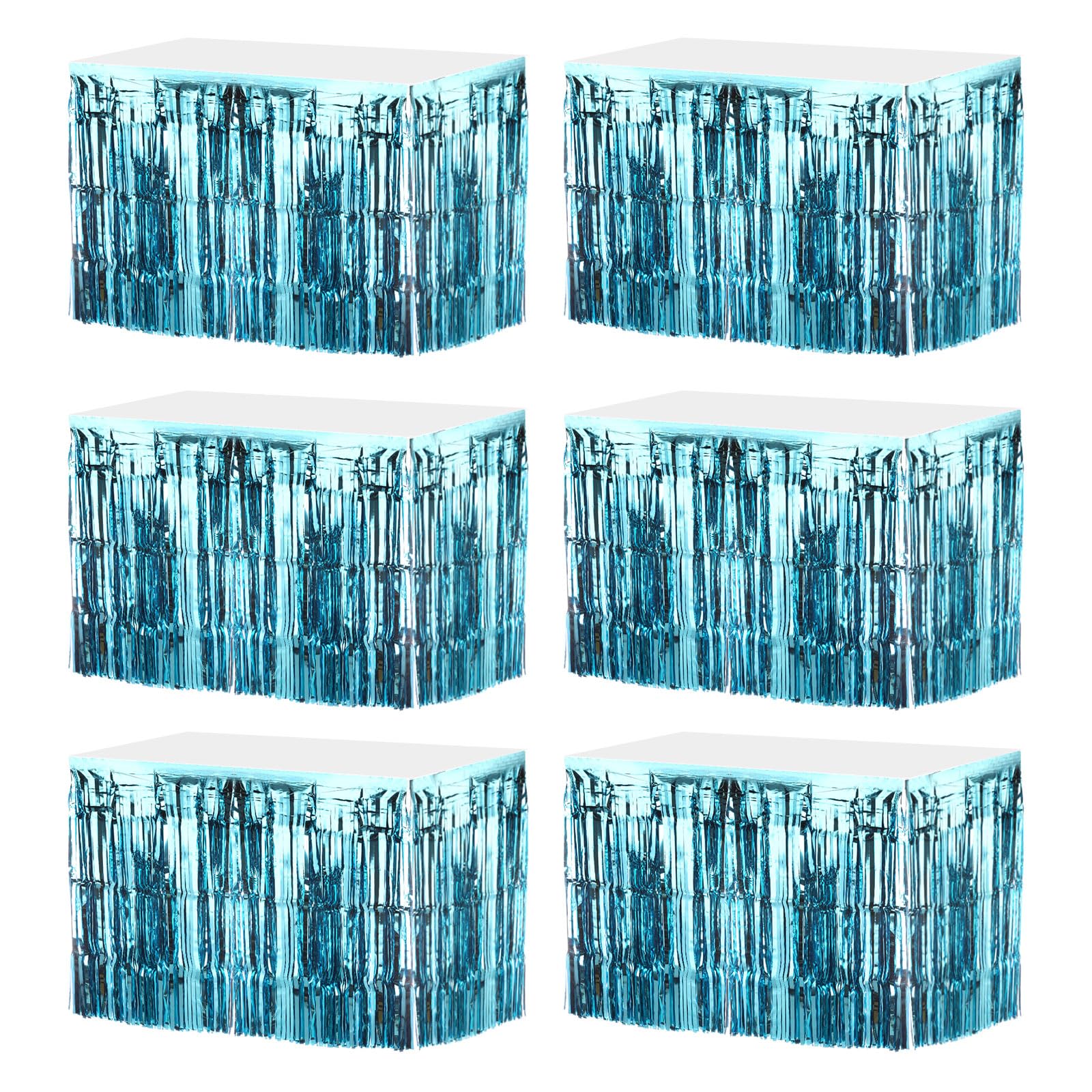 MECCANIXITY 6 Pcs 29x108 Inch Light Blue Metallic Foil Fringe Tinsel Table Skirts for Rectangle Tables Tinsel Backdrop Curtain for Wedding Birthday Party Decoration