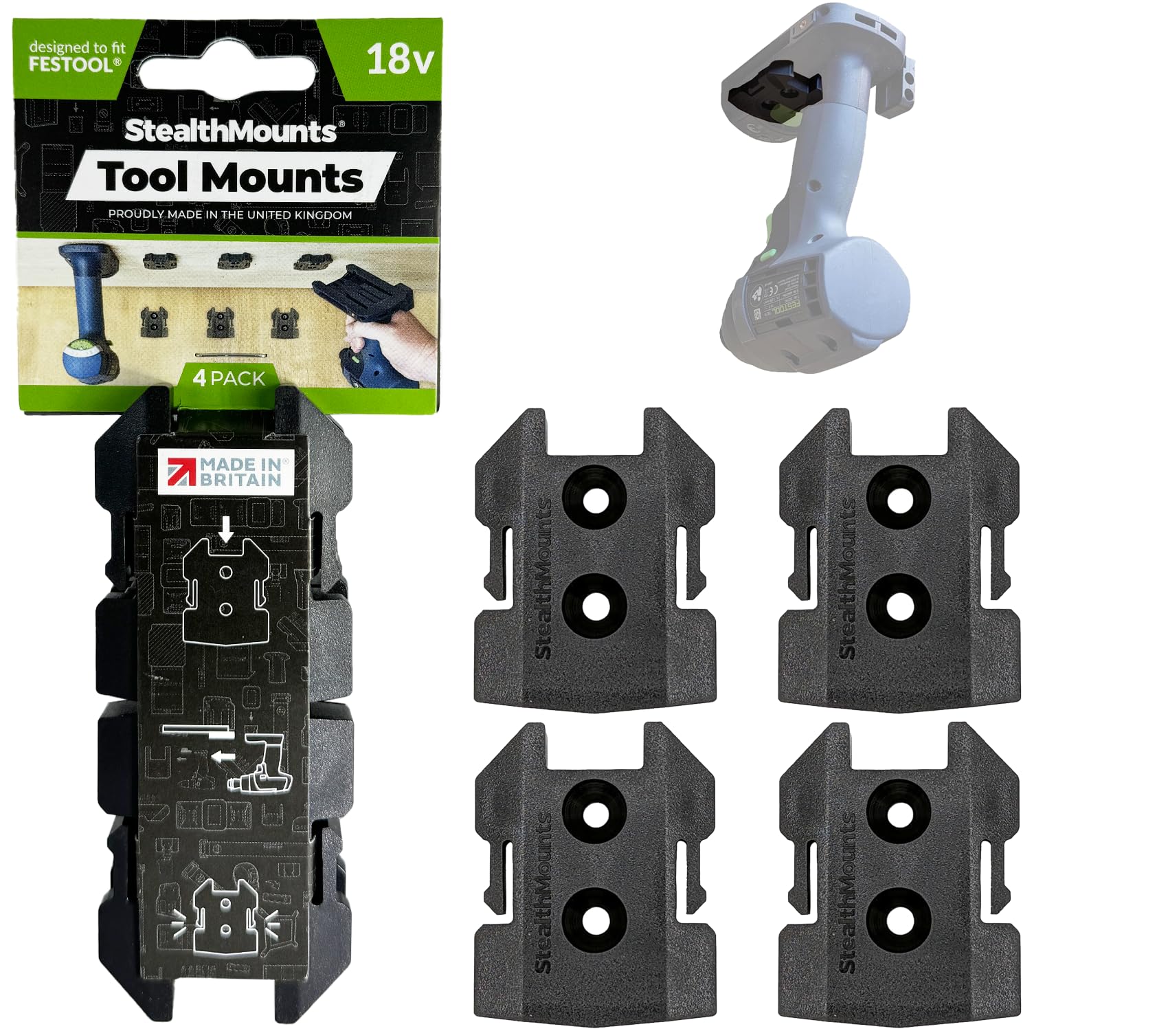 StealthMounts Tool Mounts for Festool 18v | Tool Holders for Festool 18v | 4 Pack | Made in the United Kingdom