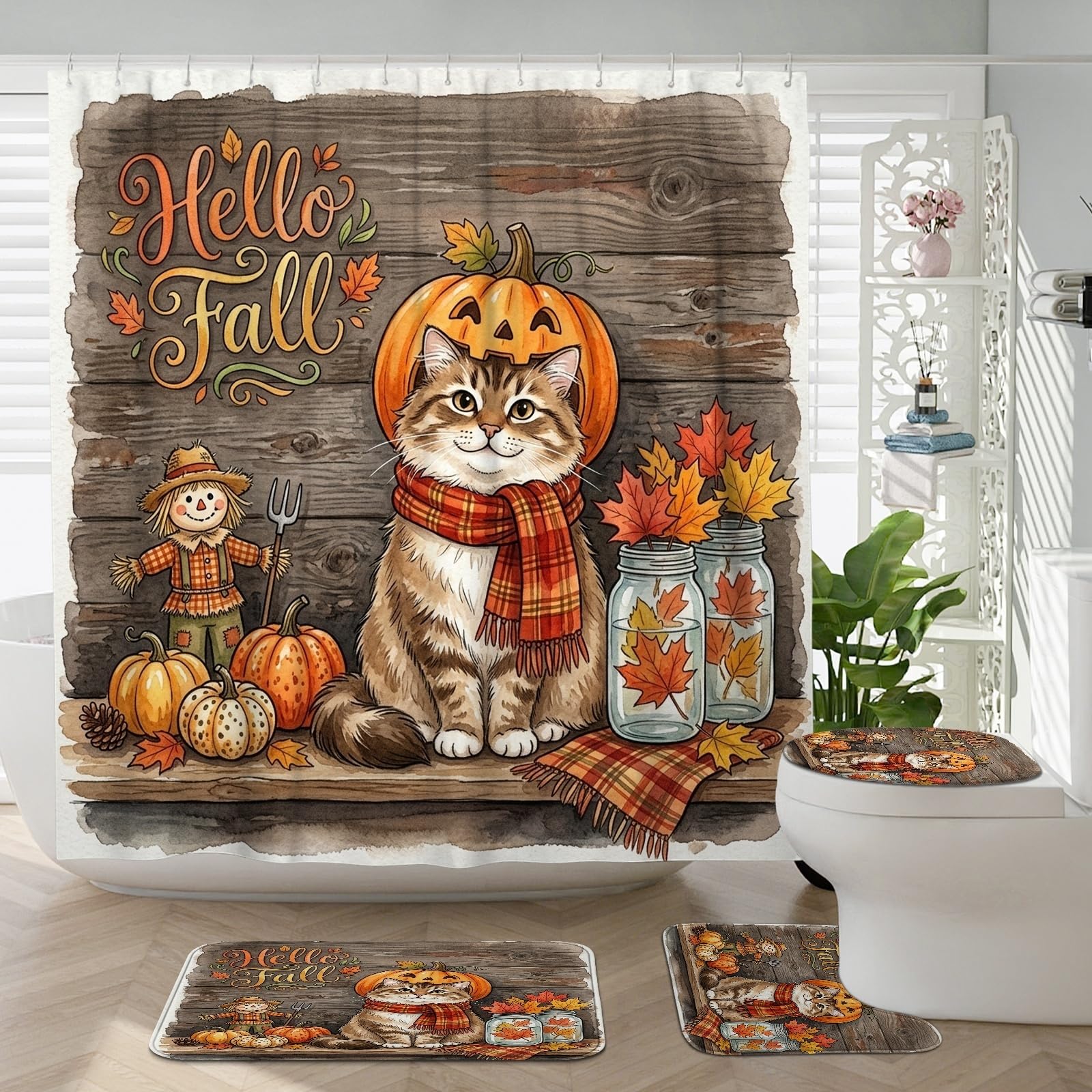 Décoration de bain chat sibérien en bois : lot 4 pièces avec tapis antidérapant et contour WC U