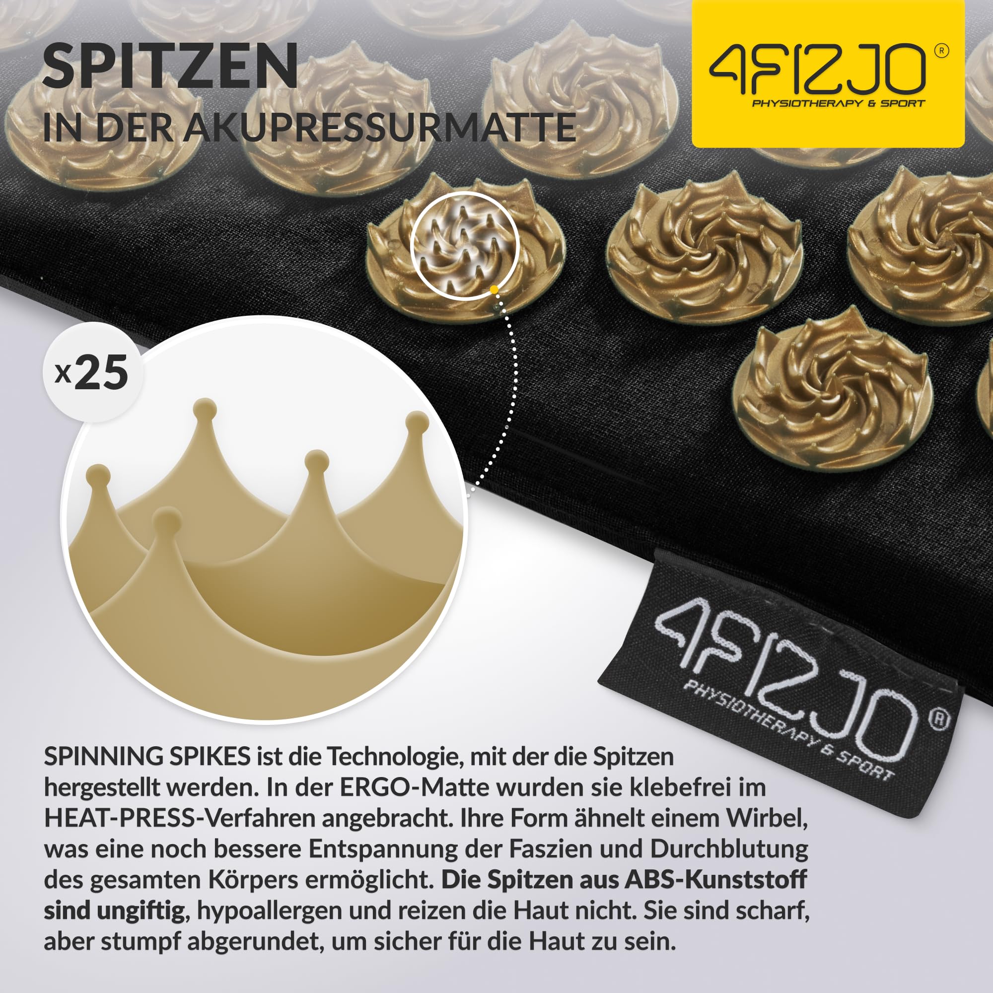 4FIZJO Akupressurmatte & Kissen ERGO XL, 110x42x2 cm, mit Tragetasche, Polyurethanschaum, Hypoallergen, 9475 Stacheln, Massagematte für bessere Durchblutung, Muskeln Entspannung, Schwarz und Gold