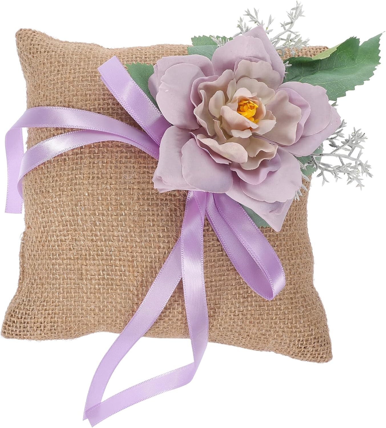 Vintage Burlap Wedding Ring Bearer Pillow with Realistic Purple Flowers, Rustic Ceremony Decoration for Bridal Shower and Wedding Party Supplies