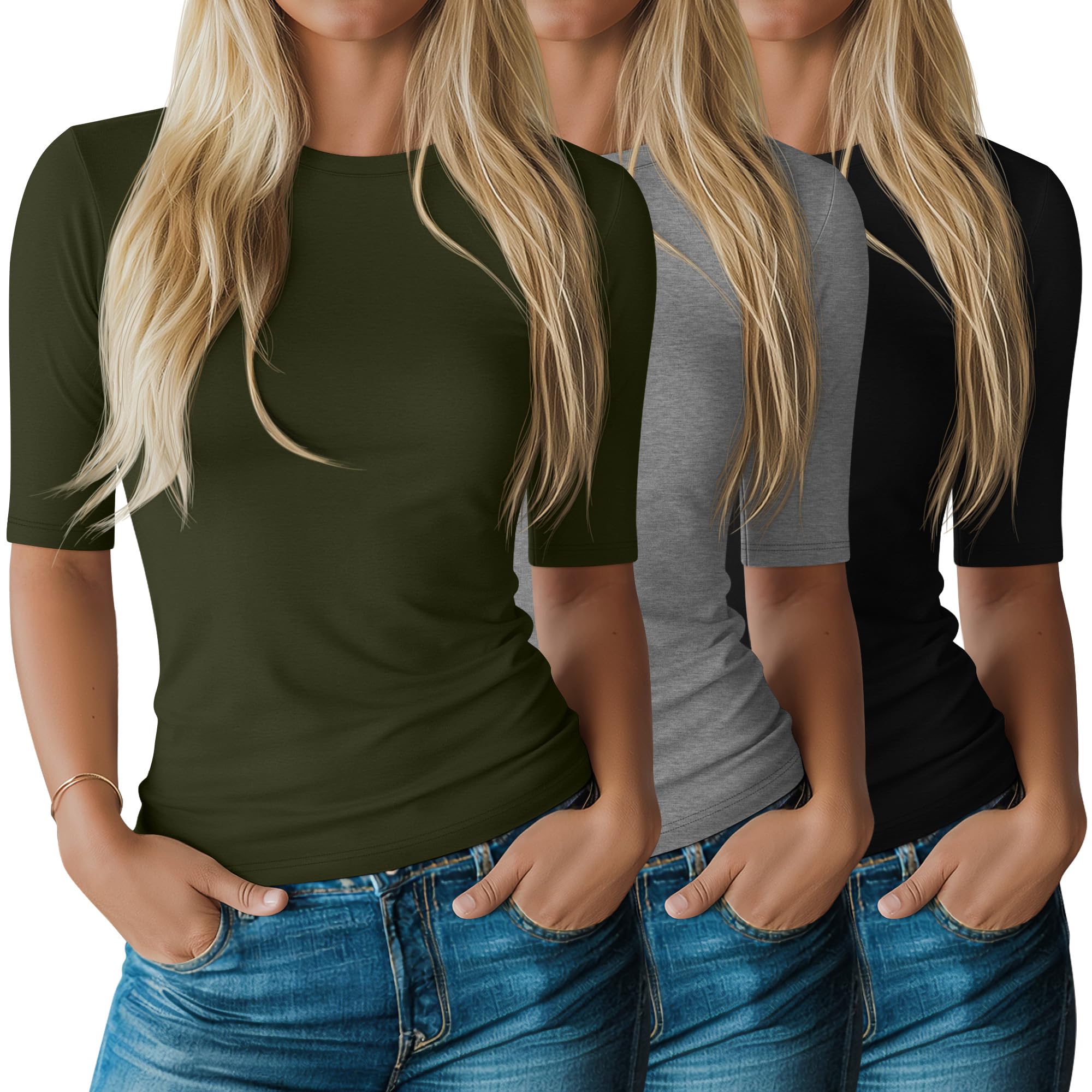 Riyiper Damen 3er-Pack Halbarm Tops
