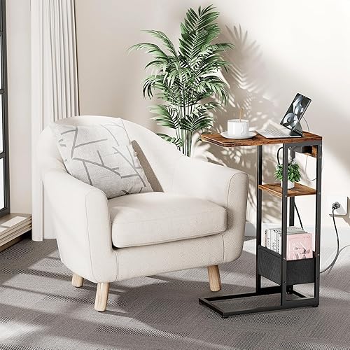Miniatura 2 de Mesa auxiliar en forma de C con estación de carga, mesa auxiliar pequeña para sofá reclinable, mesas de aperitivos con bolsa de almacenamiento y