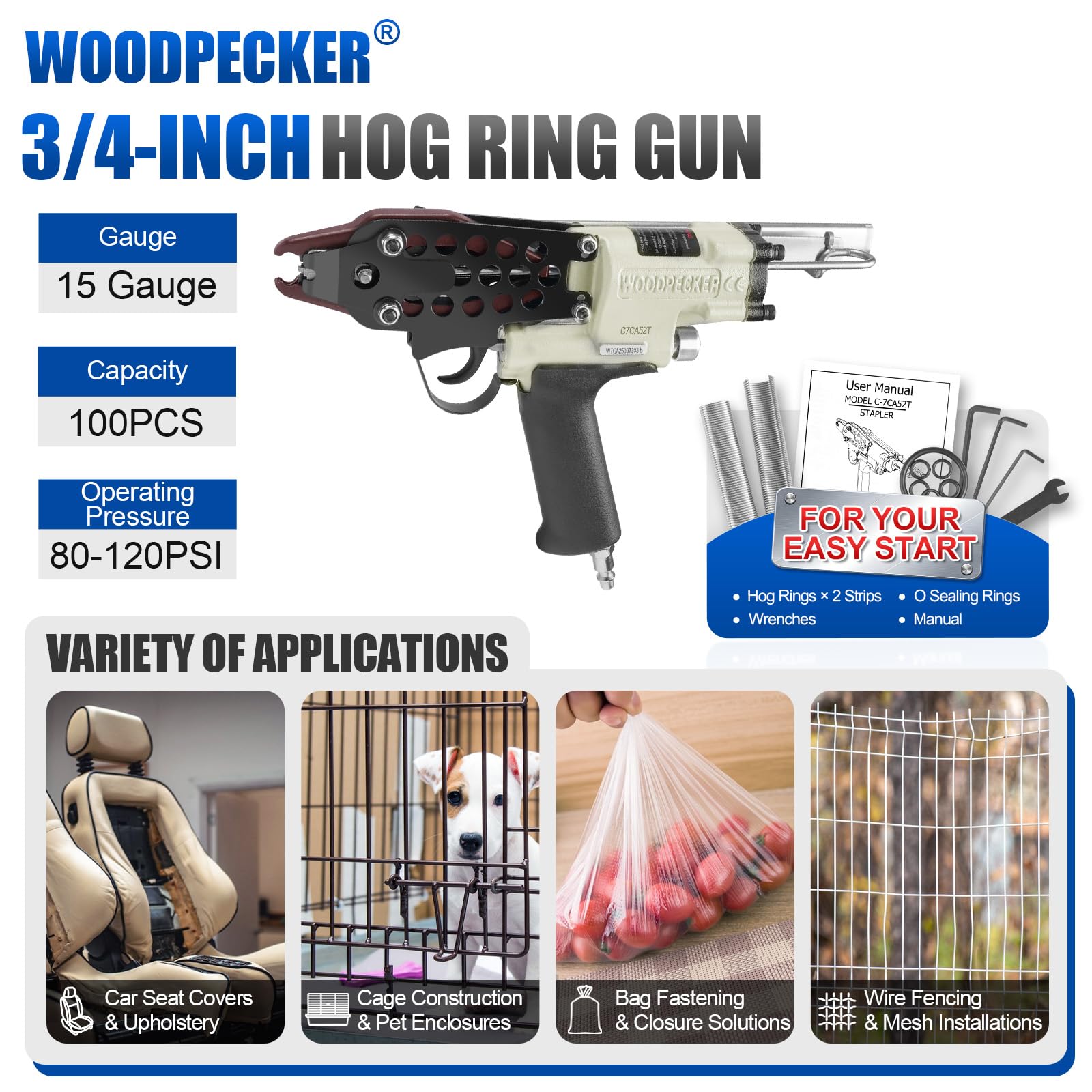 Pistola neumática para cerdos Woodpecker C-7CA52 15, diámetro cerrado 4,8 mm, pistola de anillo C para cerdos, construcción de jaulas
