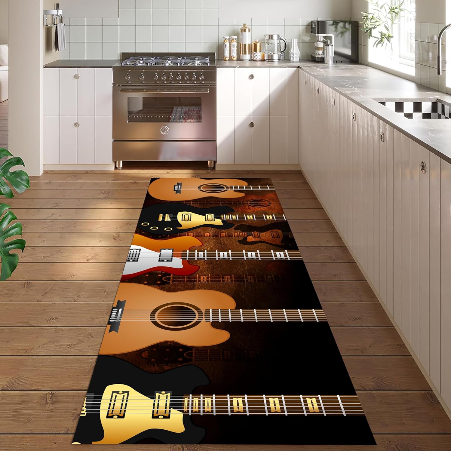 Guitar Runner Hallway Rug, 2x6ft Colorful Gradient Fashion Electric Guitar Design Pattern Rug, Non-Slip Living Room Floor Mat Music Atmosphere Decorative Hallway Carpet, Music Lover Home Decor